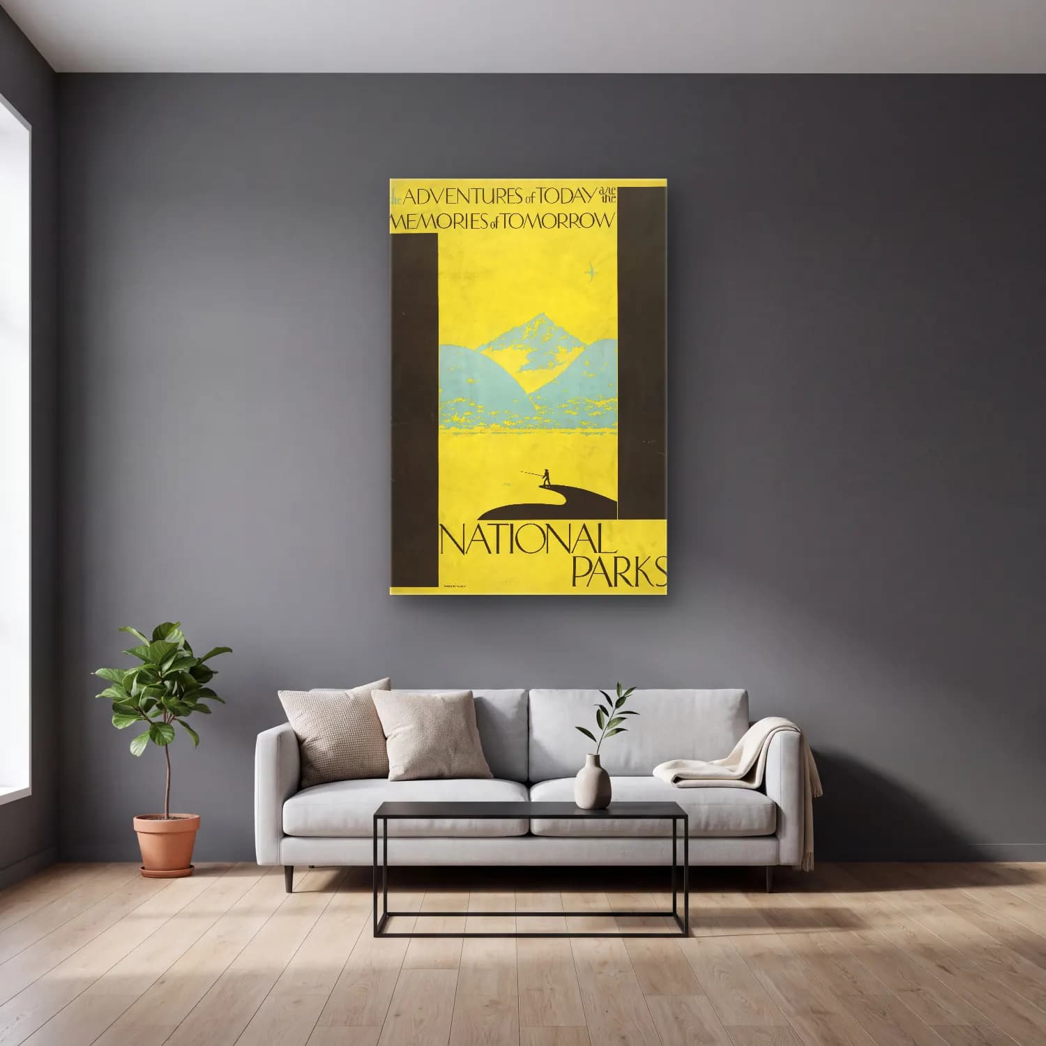 Vintage Poster Göl ve Dağlar No. 14 cam tablo — gri duvarlı salonda