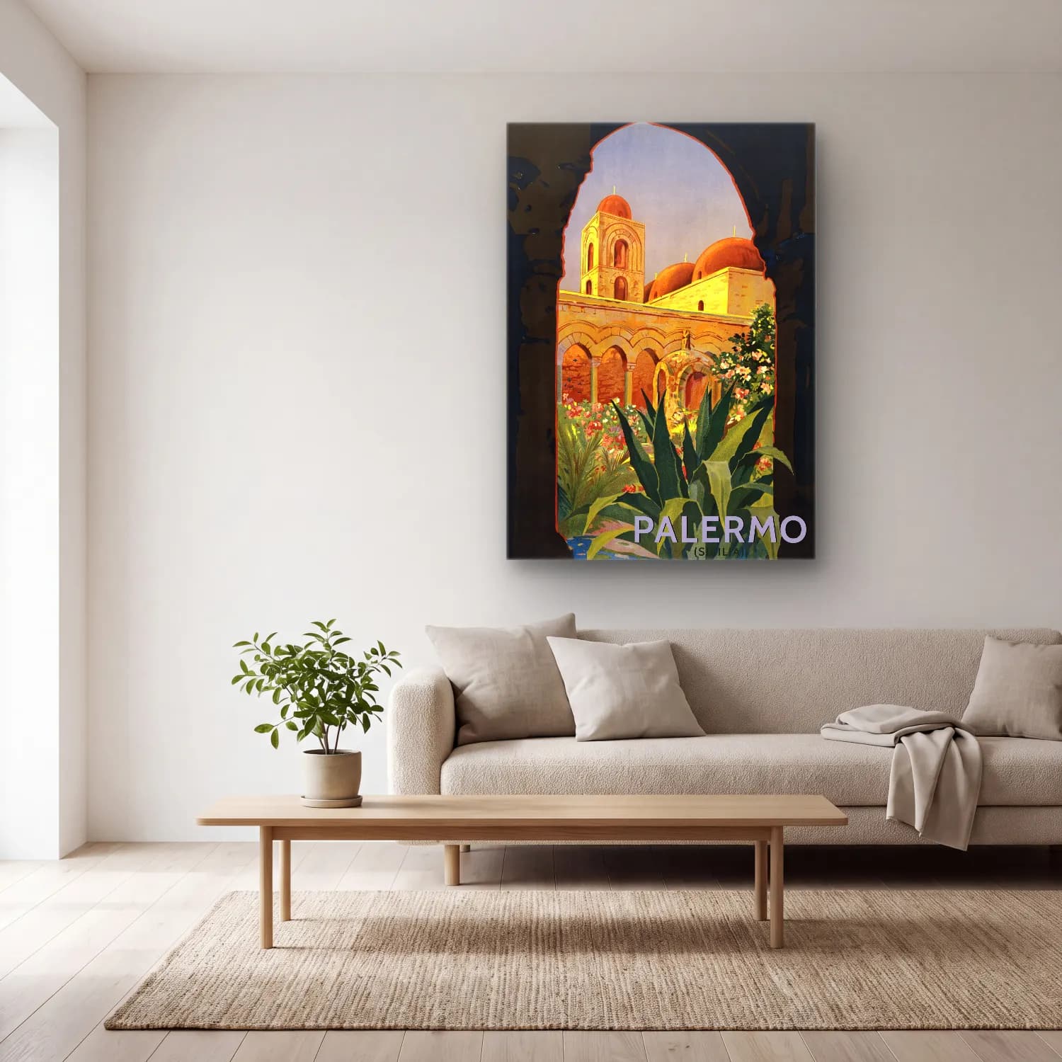 Vintage Poster Katedral – Turuncu Tonlar cam tablo — açık renk salonda