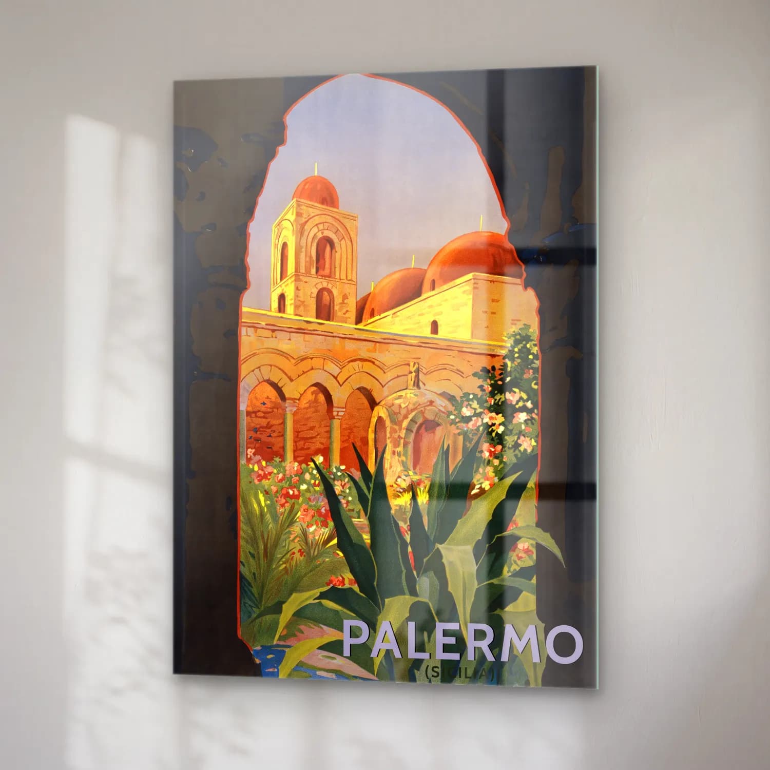 Vintage Poster Katedral – Turuncu Tonlar cam tablo — sağ açıdan görünüm
