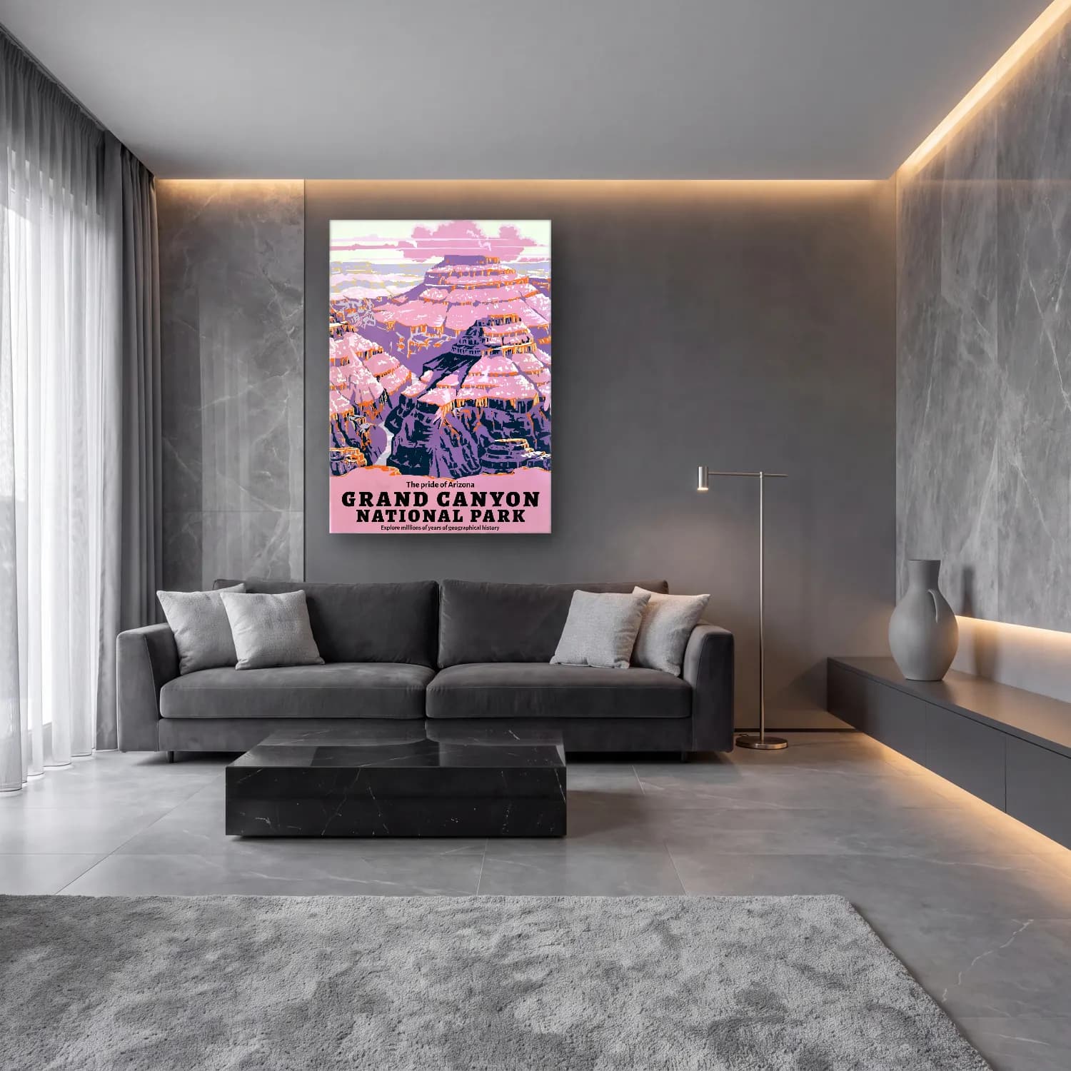 Pastel Dağ Manzarası No. 11 cam tablo — lüks salon duvarında