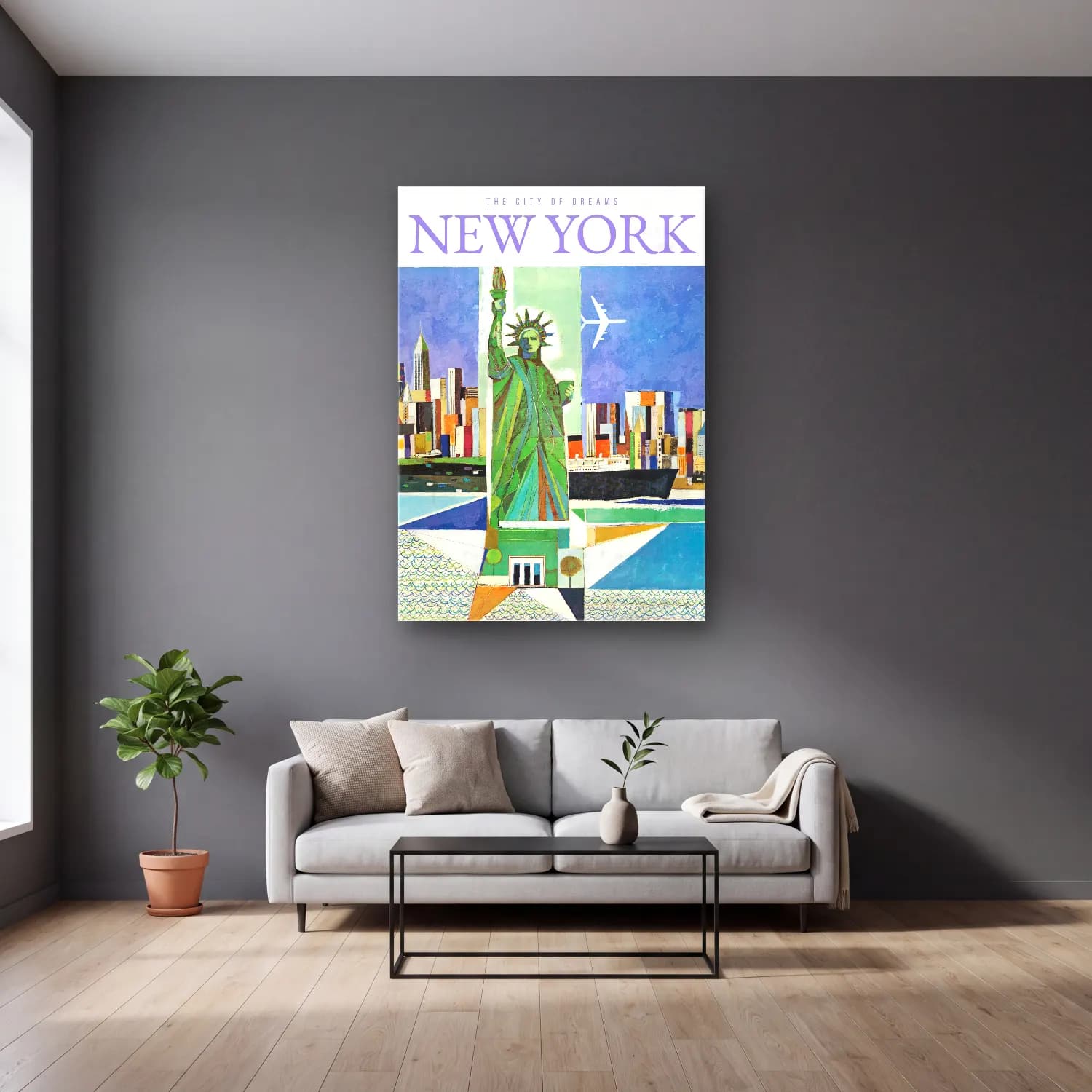 Vintage Poster New York Silüeti – Yeşil Tonlar cam tablo — gri duvarlı salonda