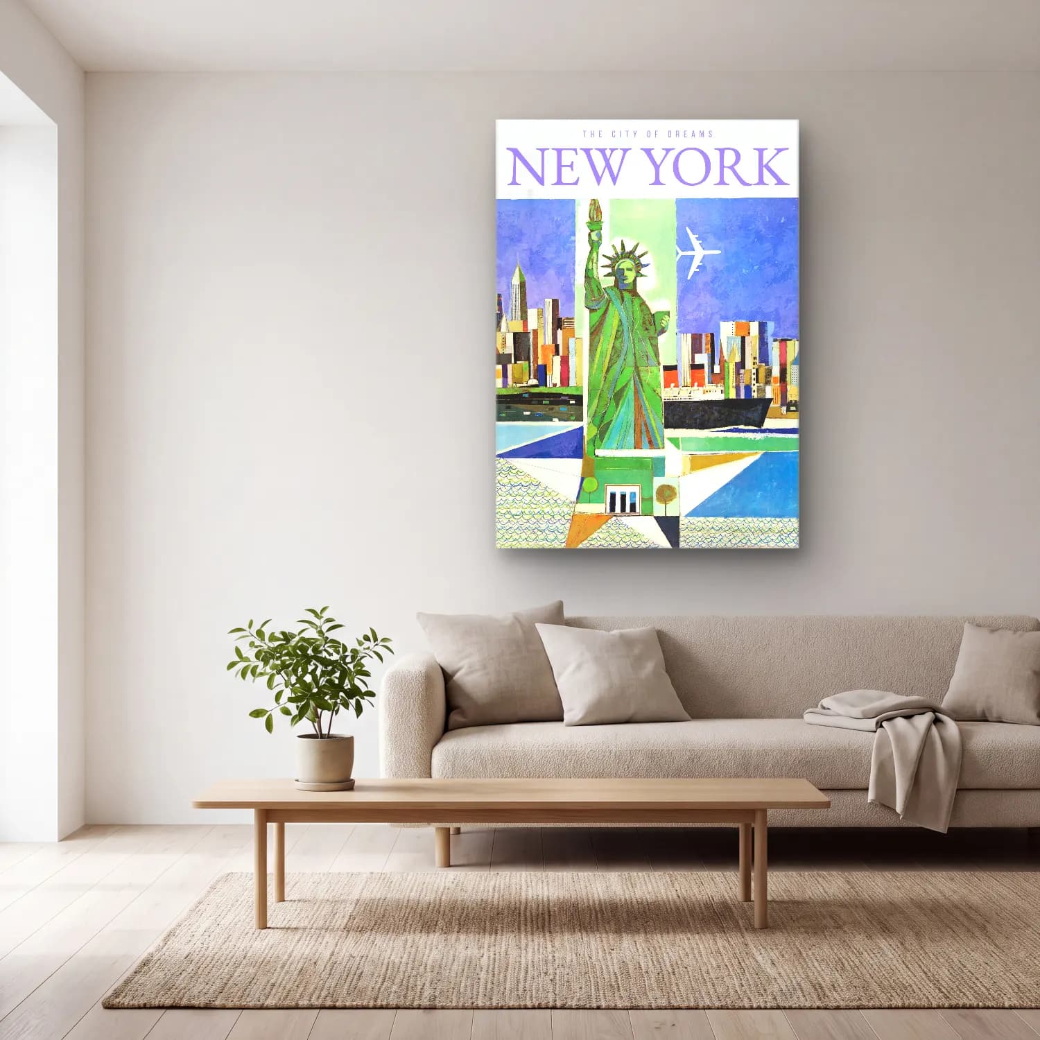 Vintage Poster New York Silüeti – Yeşil Tonlar cam tablo — açık renk salonda