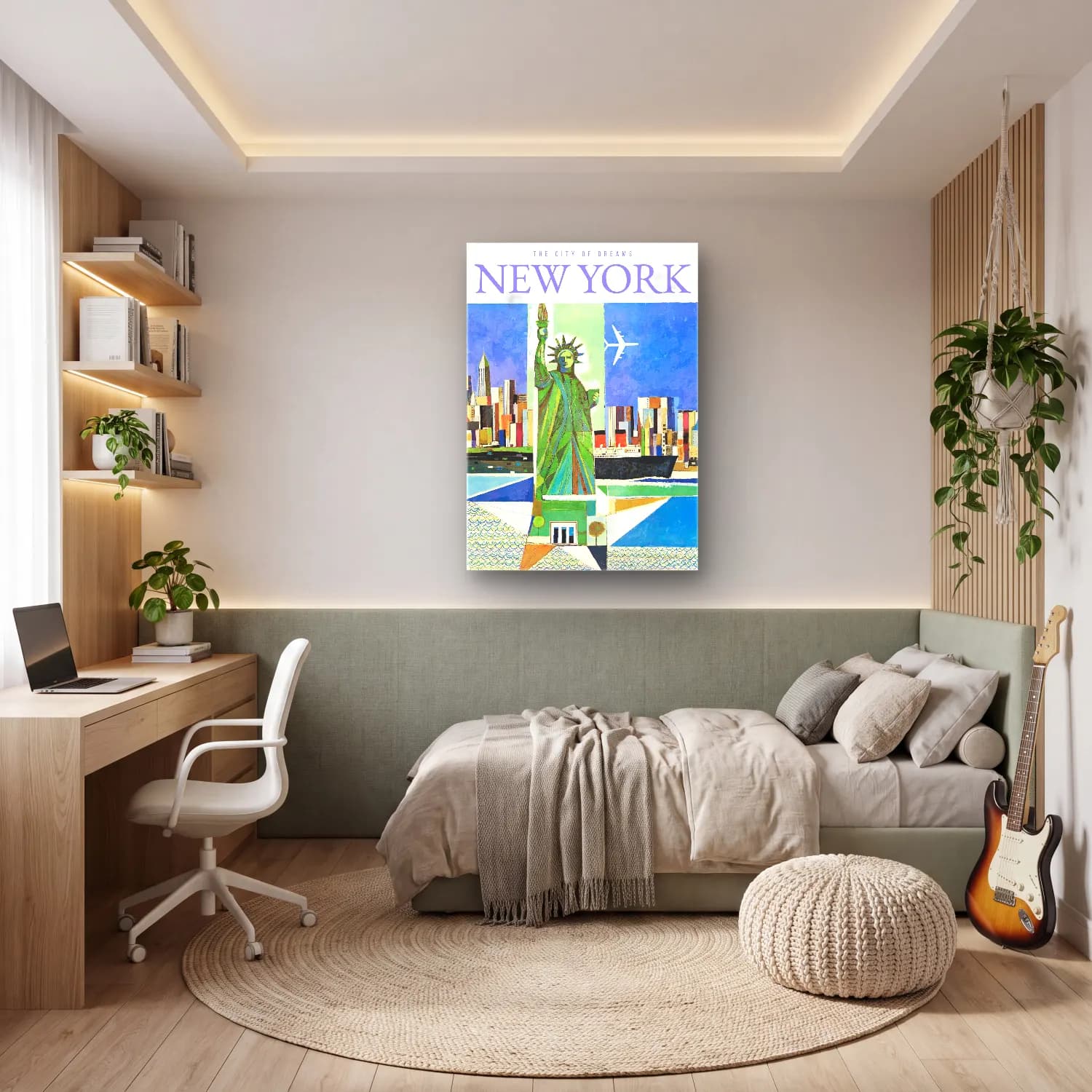 Vintage Poster New York Silüeti – Yeşil Tonlar cam tablo — genç odasında