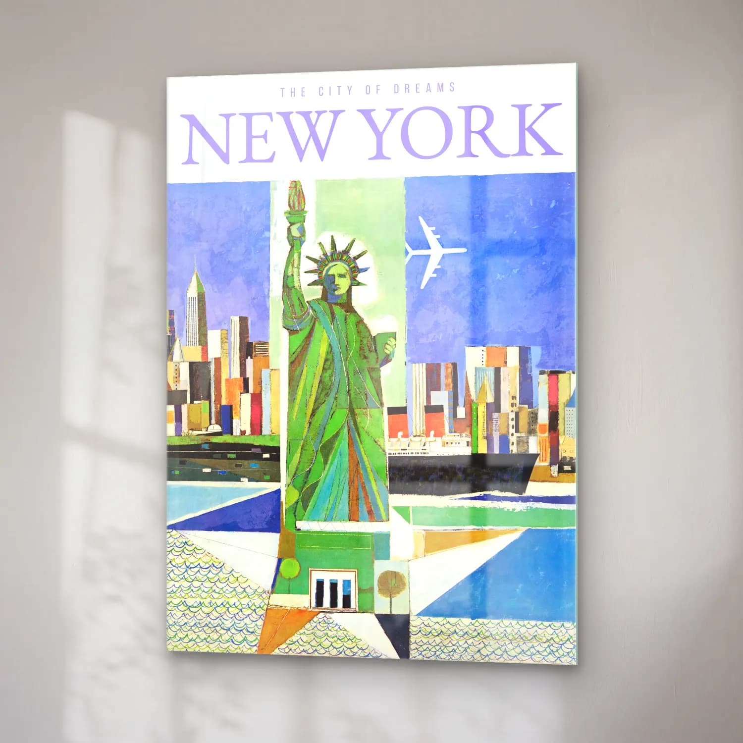 Vintage Poster New York Silüeti – Yeşil Tonlar cam tablo — sağ açıdan görünüm