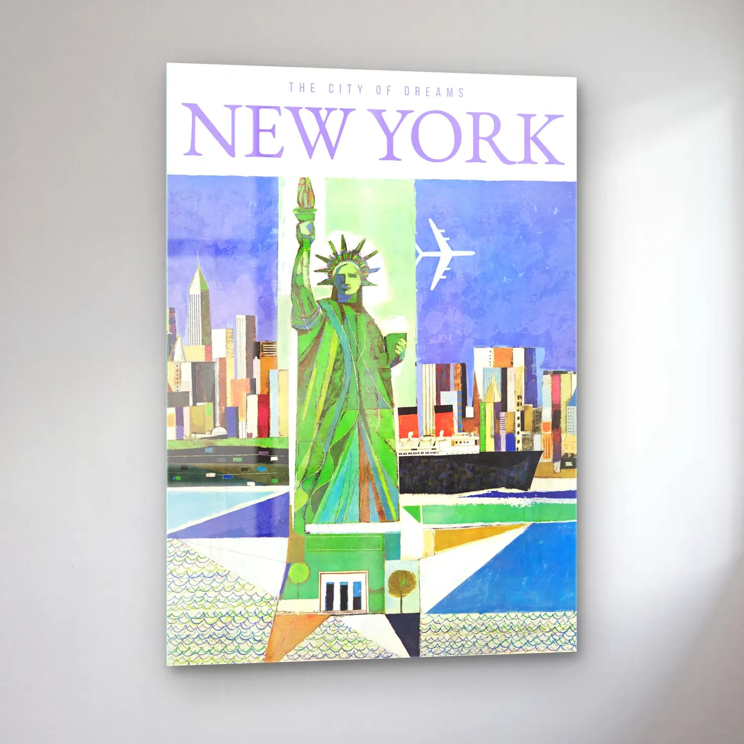 Vintage Poster New York Silüeti – Yeşil Tonlar cam tablo — sol açıdan görünüm