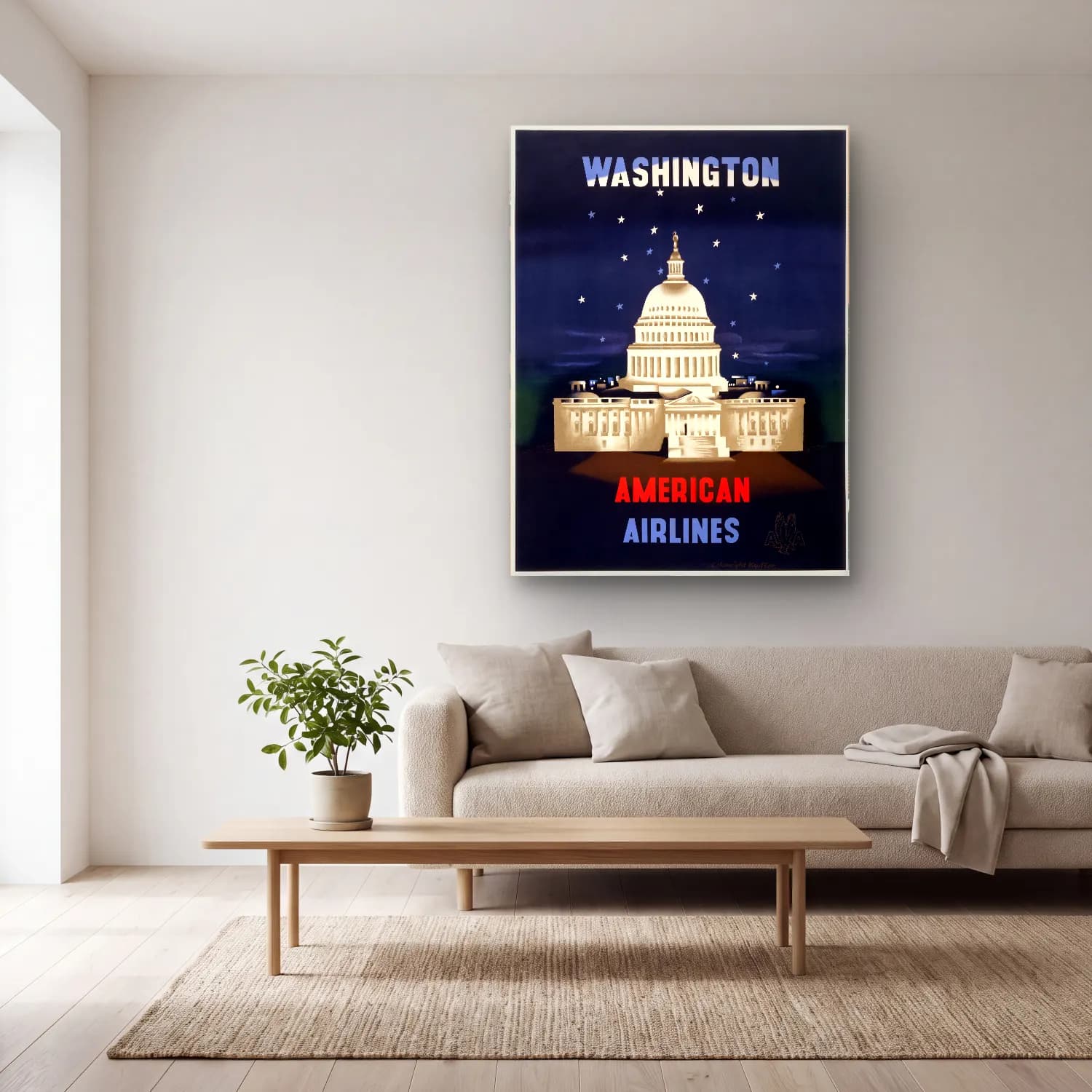 Vintage Poster Uçak No. 13 cam tablo — açık renk salonda
