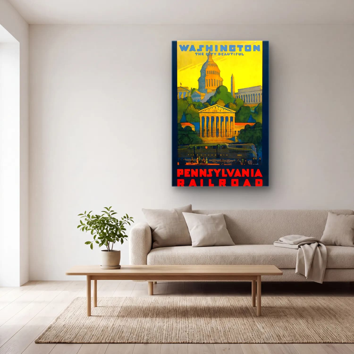 Vintage Poster Tren – Sarı Tonlar cam tablo — açık renk salonda