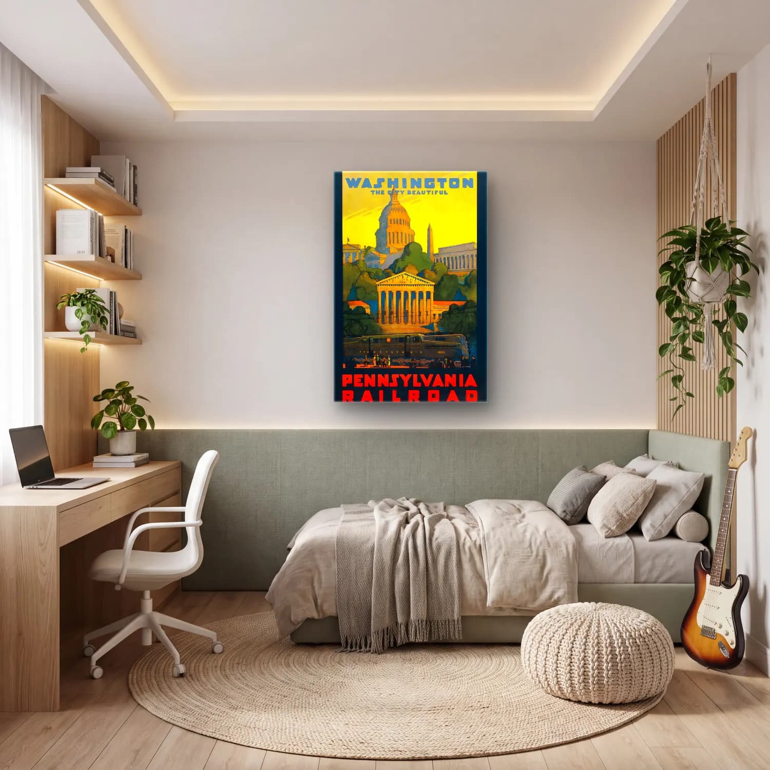 Vintage Poster Tren – Sarı Tonlar cam tablo — genç odasında