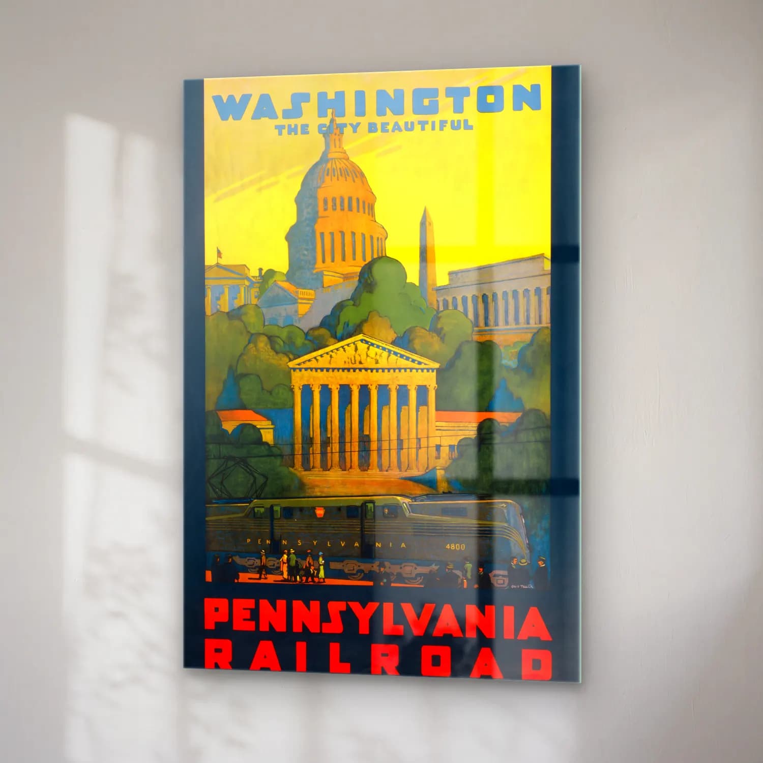 Vintage Poster Tren – Sarı Tonlar cam tablo — sağ açıdan görünüm
