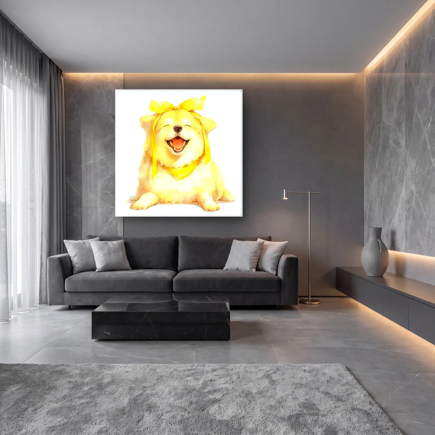 Sevimli İllüstrasyon Köpek No. 4 cam tablo — lüks salon duvarında