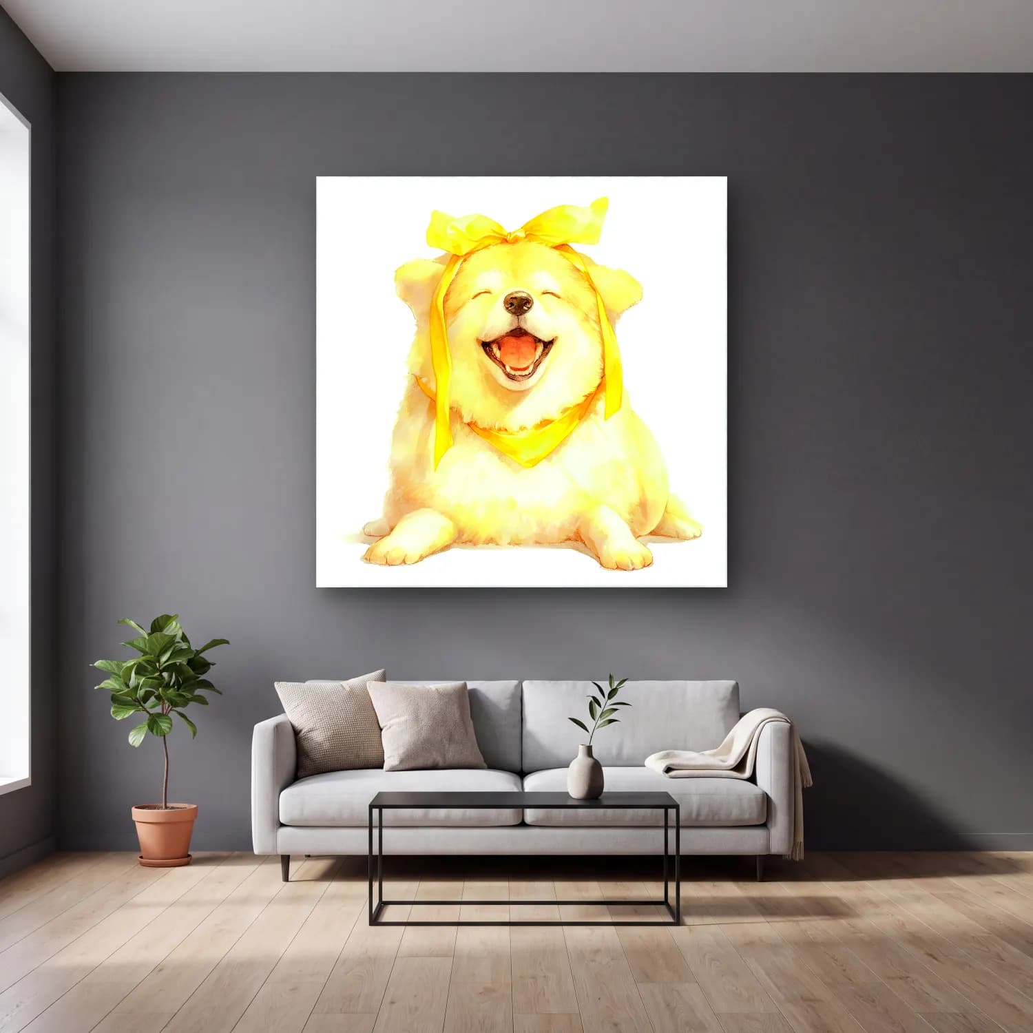 Sevimli İllüstrasyon Köpek No. 4 cam tablo — gri duvarlı salonda