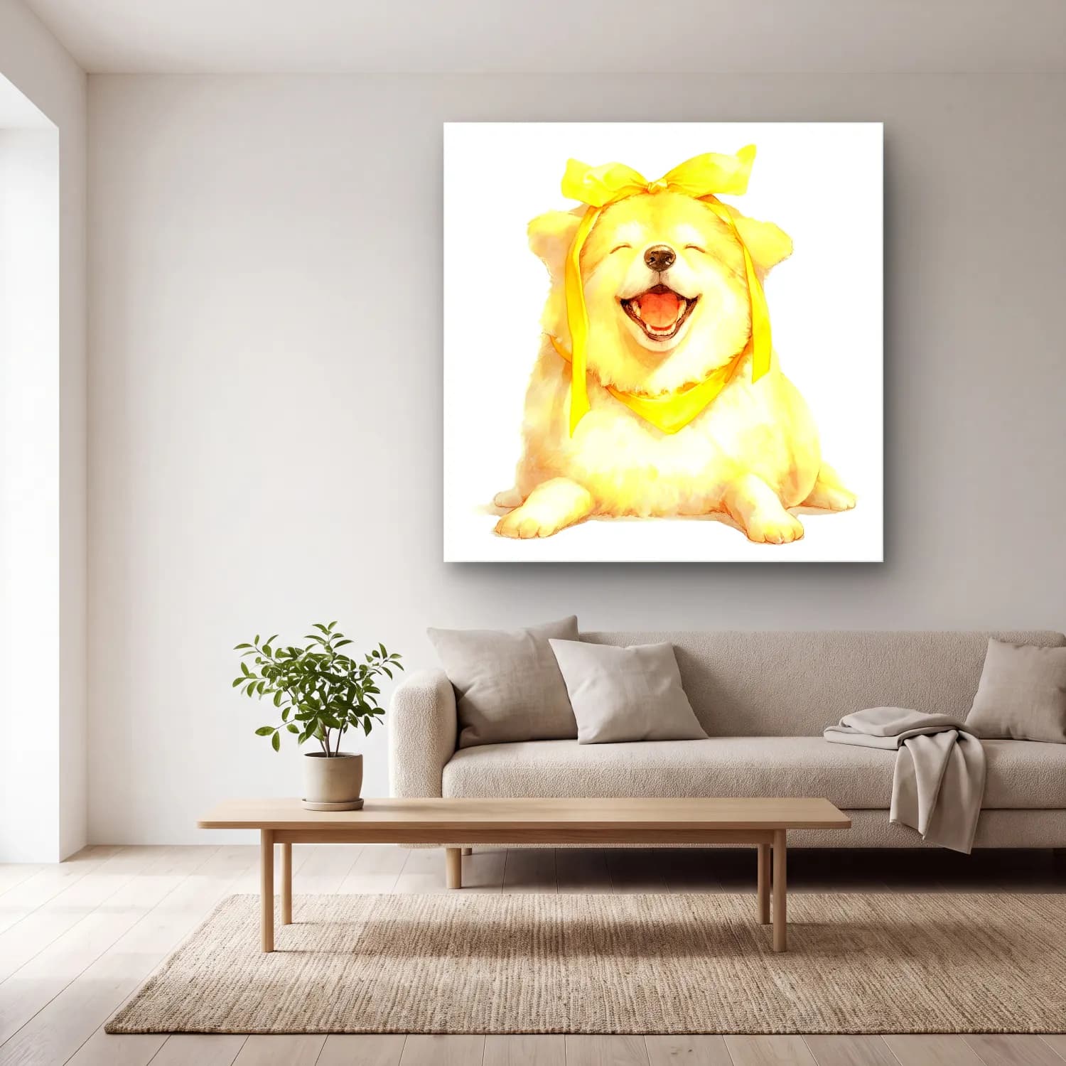 Sevimli İllüstrasyon Köpek No. 4 cam tablo — açık renk salonda