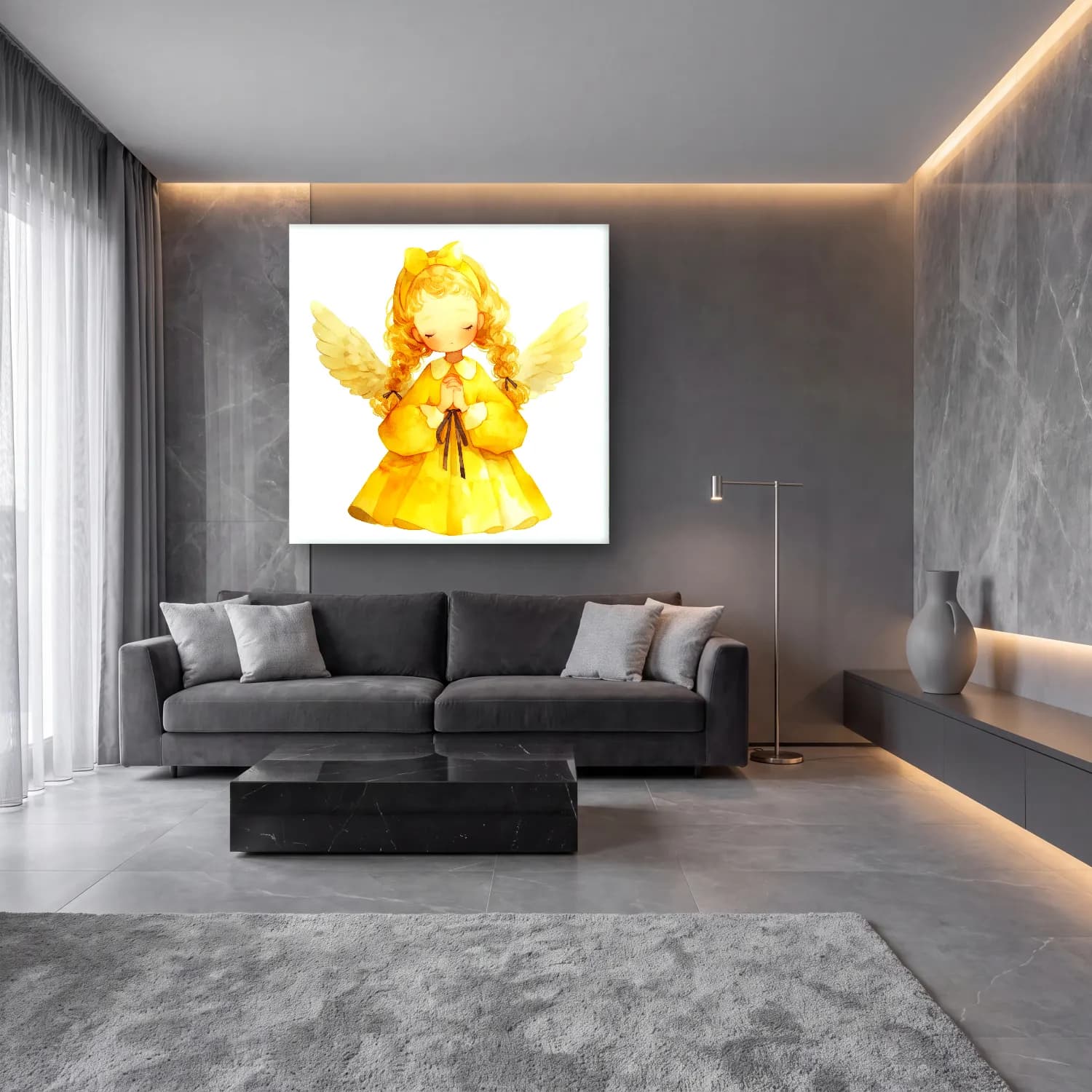 Sevimli İllüstrasyon Melek No. 6 cam tablo — lüks salon duvarında