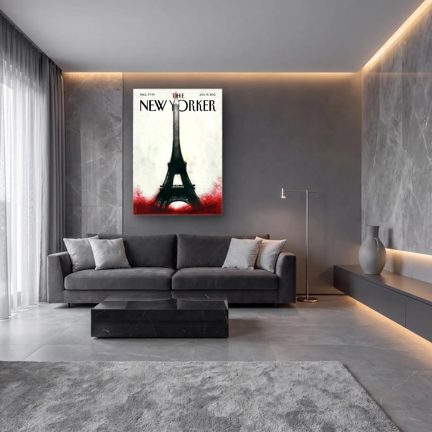 Vintage Poster Paris ve Eyfel Kulesi cam tablo — lüks salon duvarında