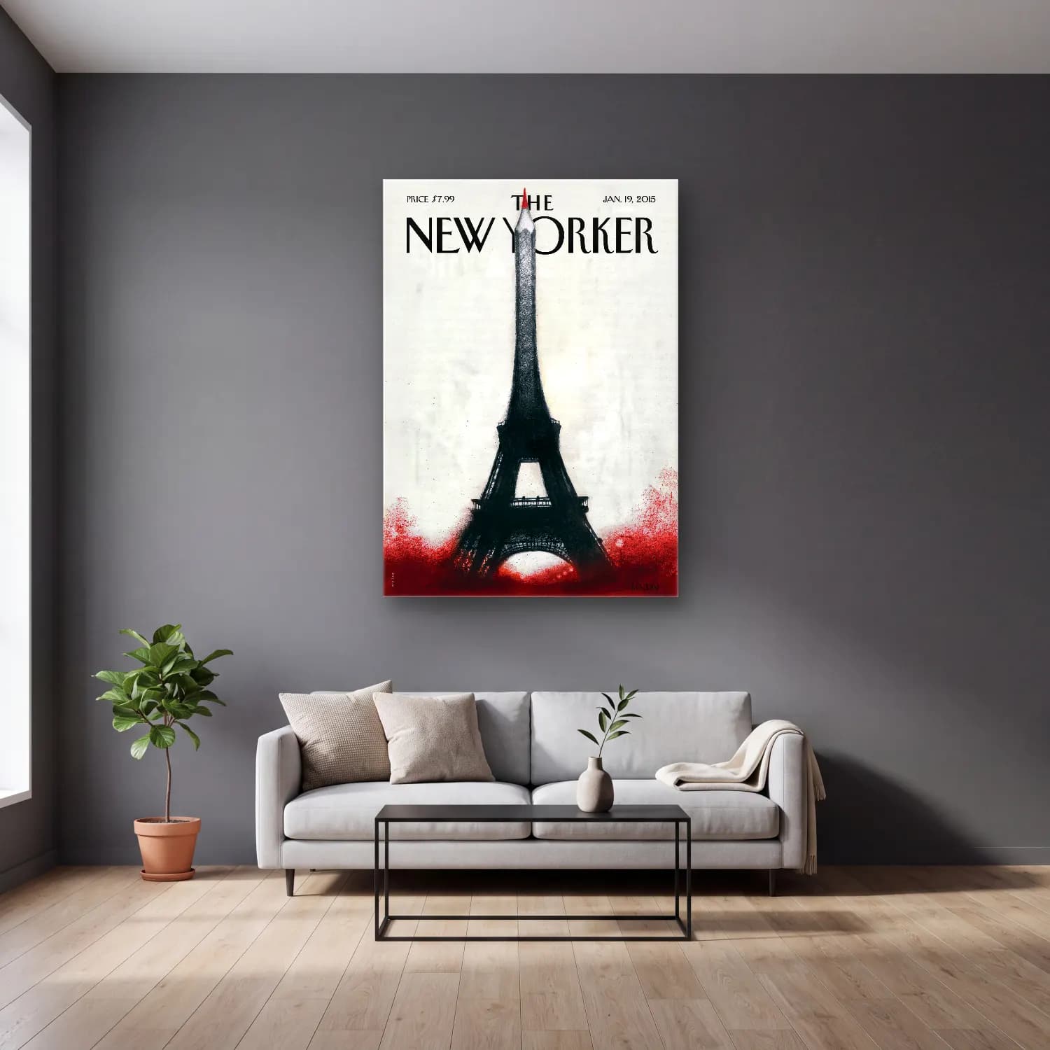 Vintage Poster Paris ve Eyfel Kulesi cam tablo — gri duvarlı salonda