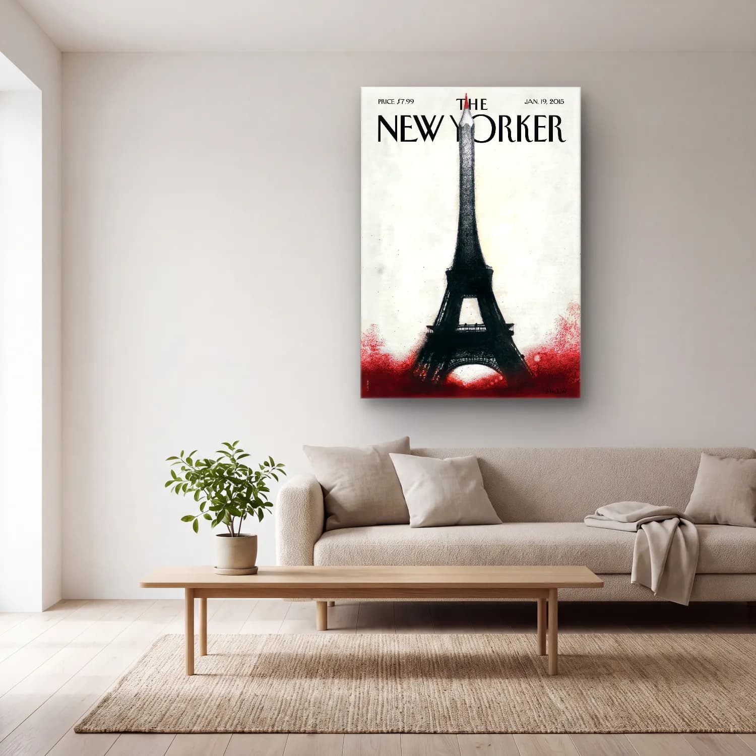 Vintage Poster Paris ve Eyfel Kulesi cam tablo — açık renk salonda