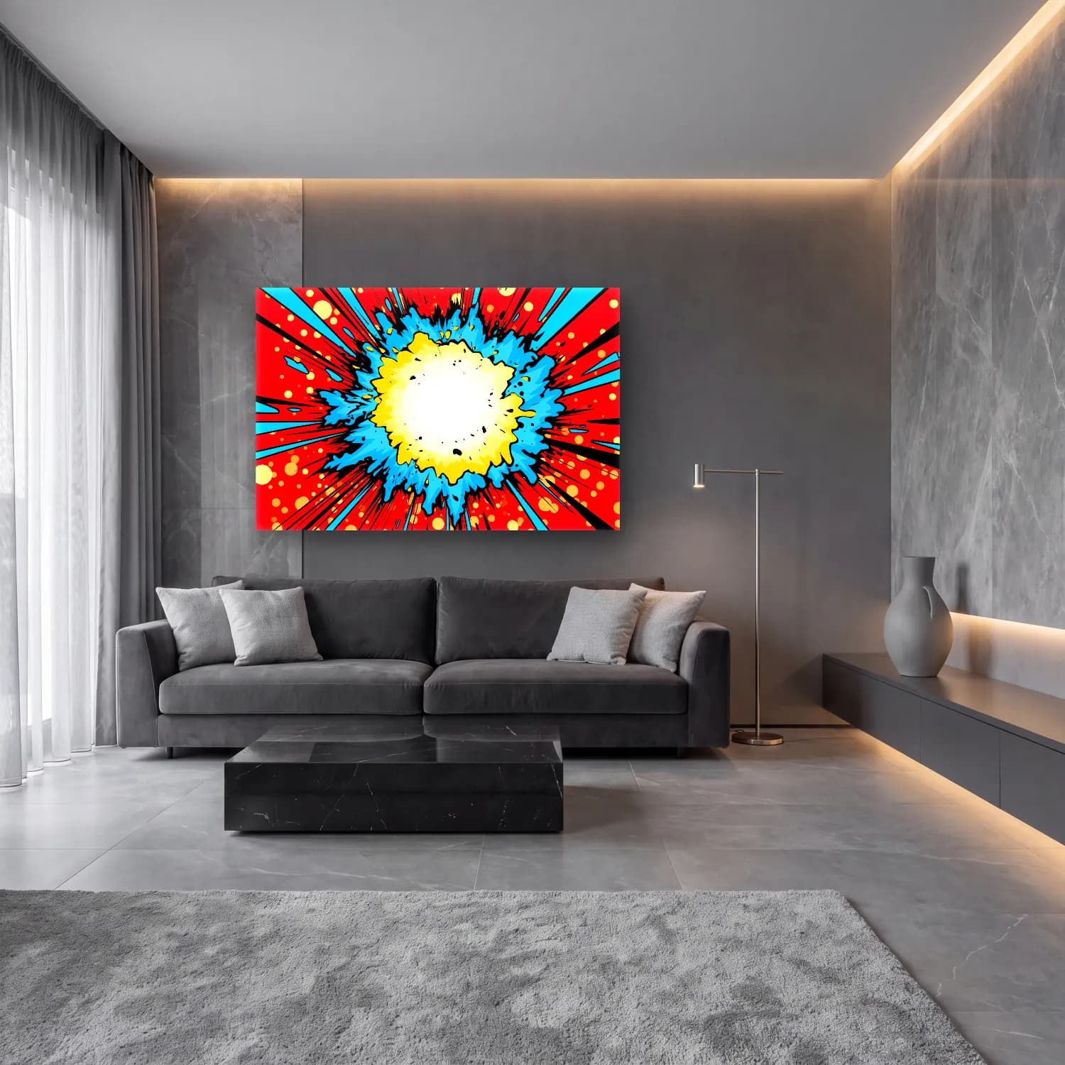 Pop Art Savaş Sahnesi – Sarı Tonlar cam tablo — lüks salon duvarında