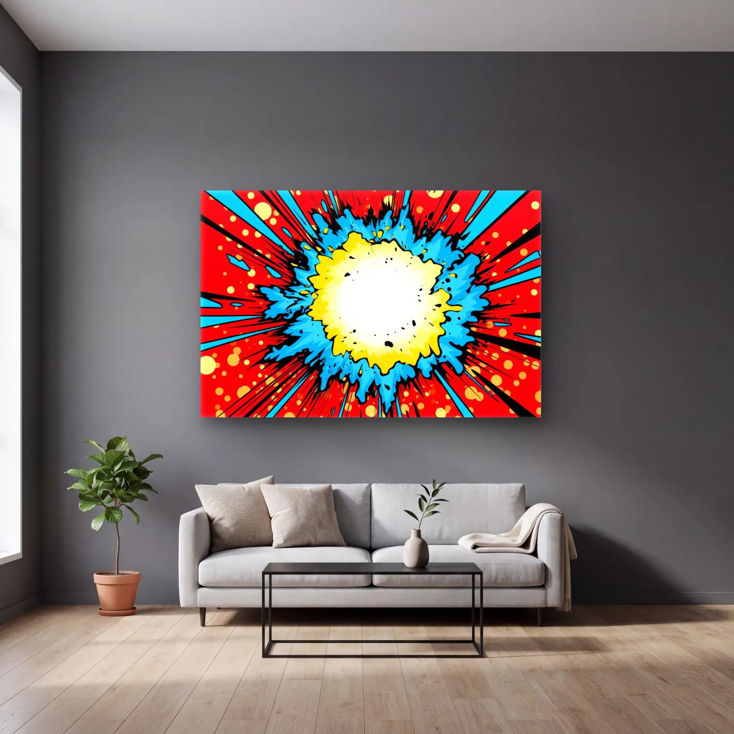 Pop Art Savaş Sahnesi – Sarı Tonlar cam tablo — gri duvarlı salonda