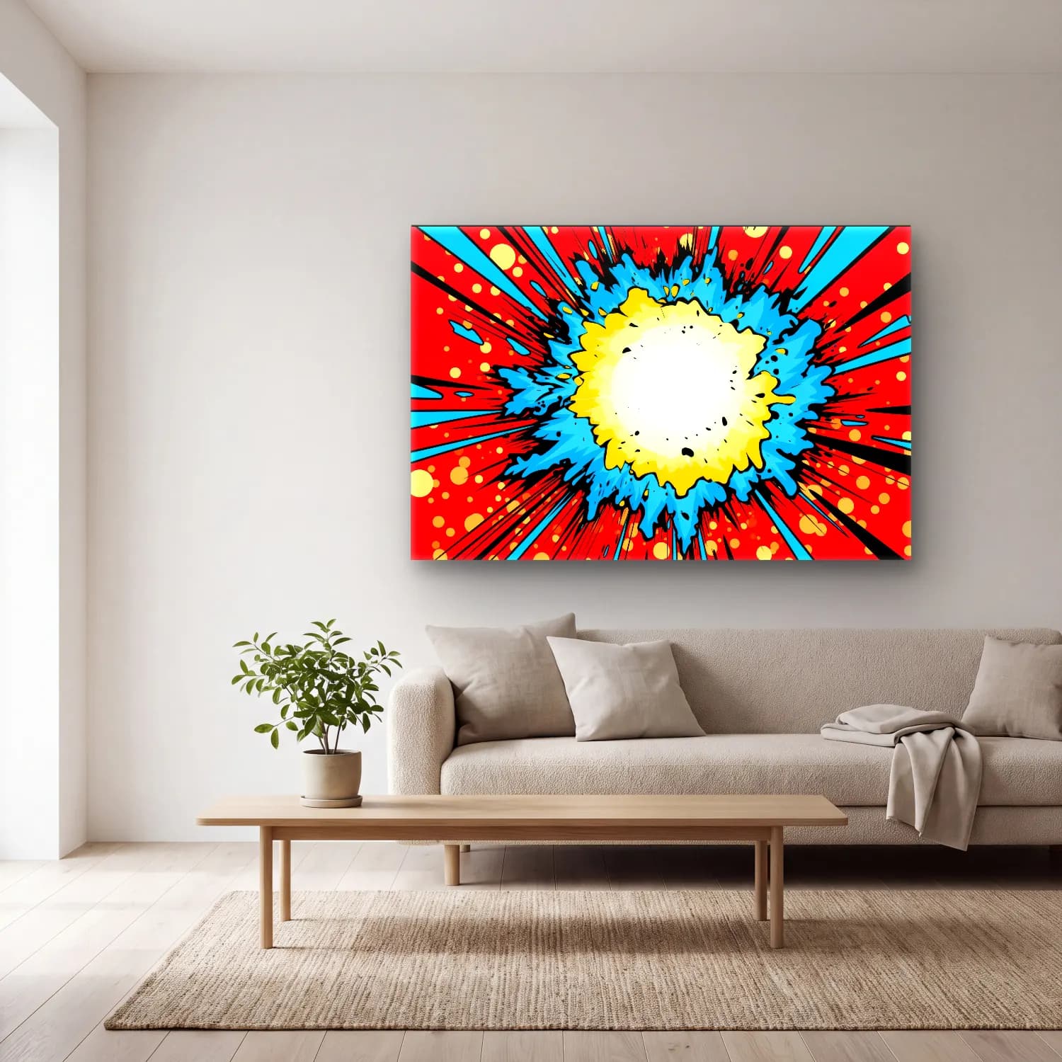 Pop Art Savaş Sahnesi – Sarı Tonlar cam tablo — açık renk salonda