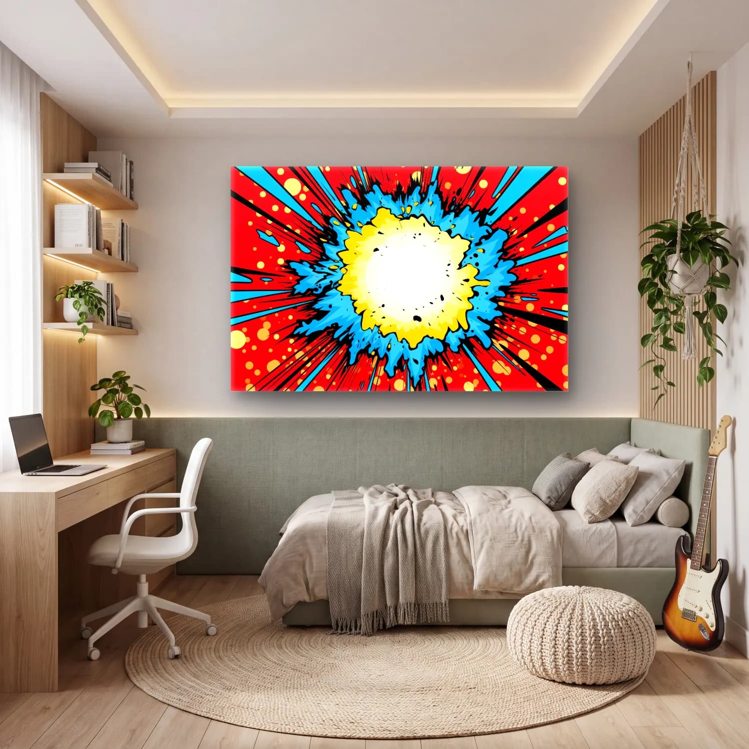 Pop Art Savaş Sahnesi – Sarı Tonlar cam tablo — genç odasında