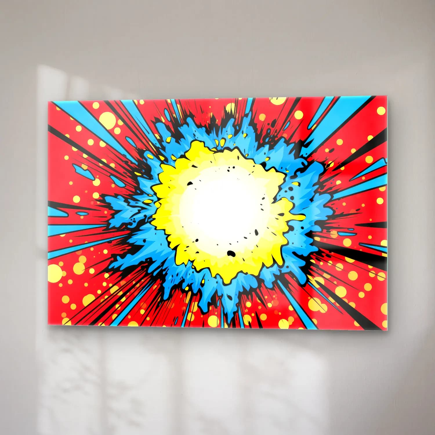 Pop Art Savaş Sahnesi – Sarı Tonlar cam tablo — sağ açıdan görünüm