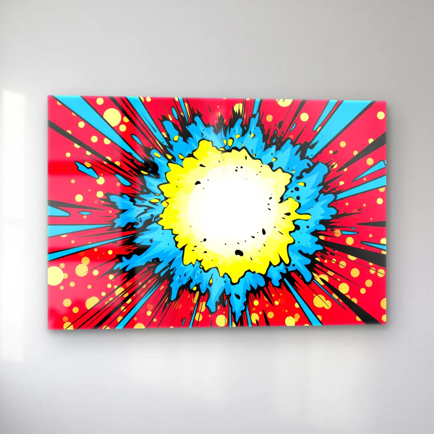 Pop Art Savaş Sahnesi – Sarı Tonlar cam tablo — sol açıdan görünüm