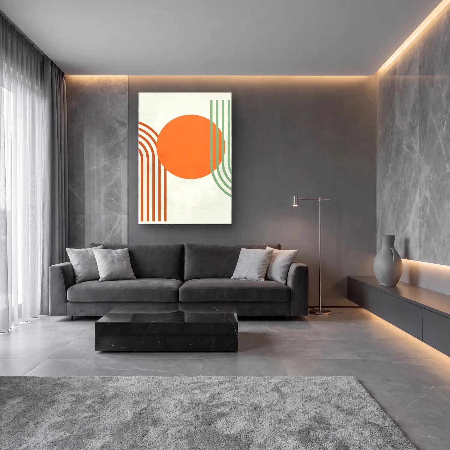 Retro Geometrik Daireler – Turuncu Tonlar cam tablo — lüks salon duvarında