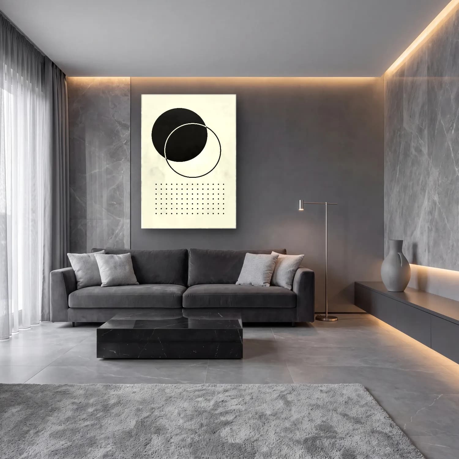 Bauhaus Geometrik Daireler – Siyah Beyaz Tonlar cam tablo — lüks salon duvarında