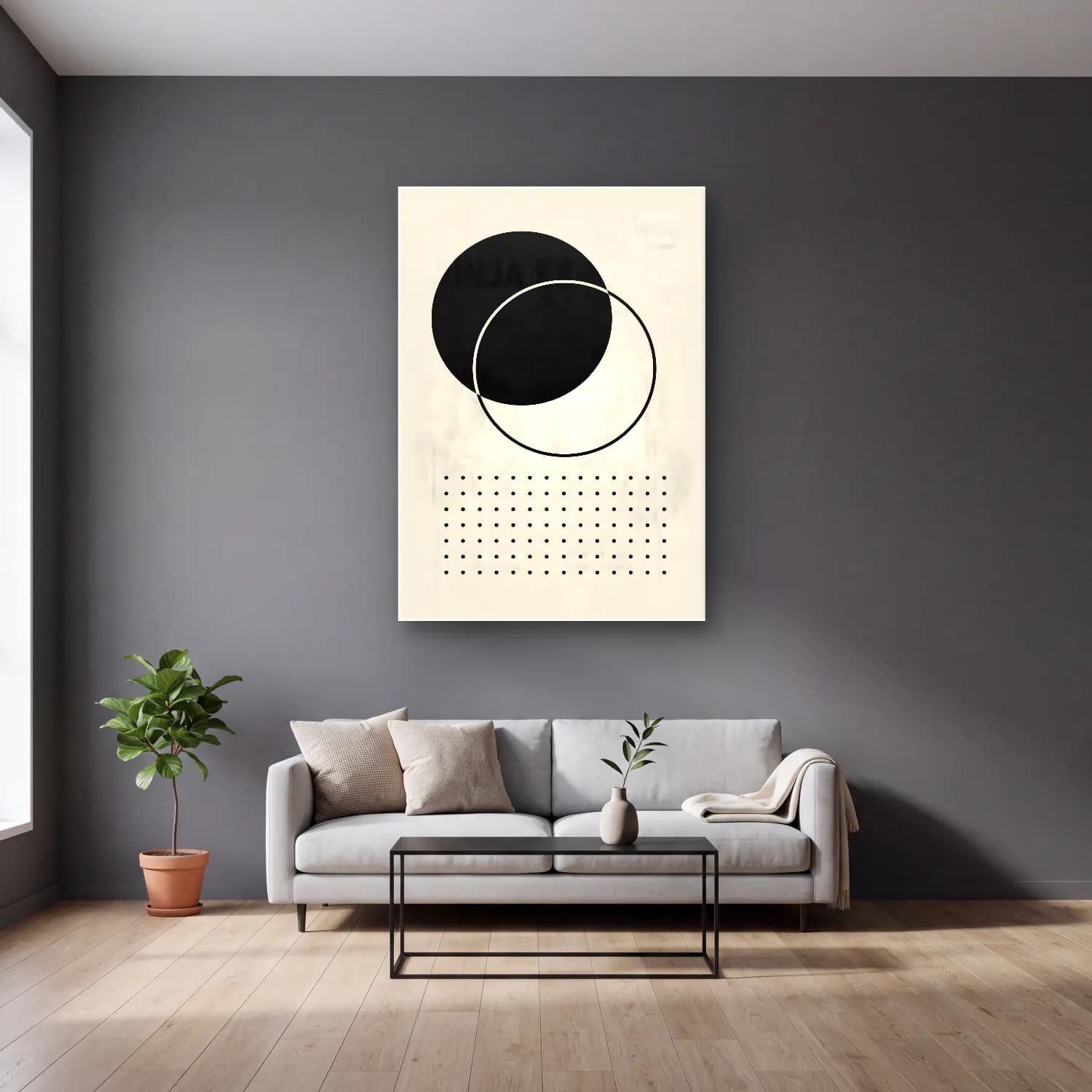 Bauhaus Geometrik Daireler – Siyah Beyaz Tonlar cam tablo — gri duvarlı salonda