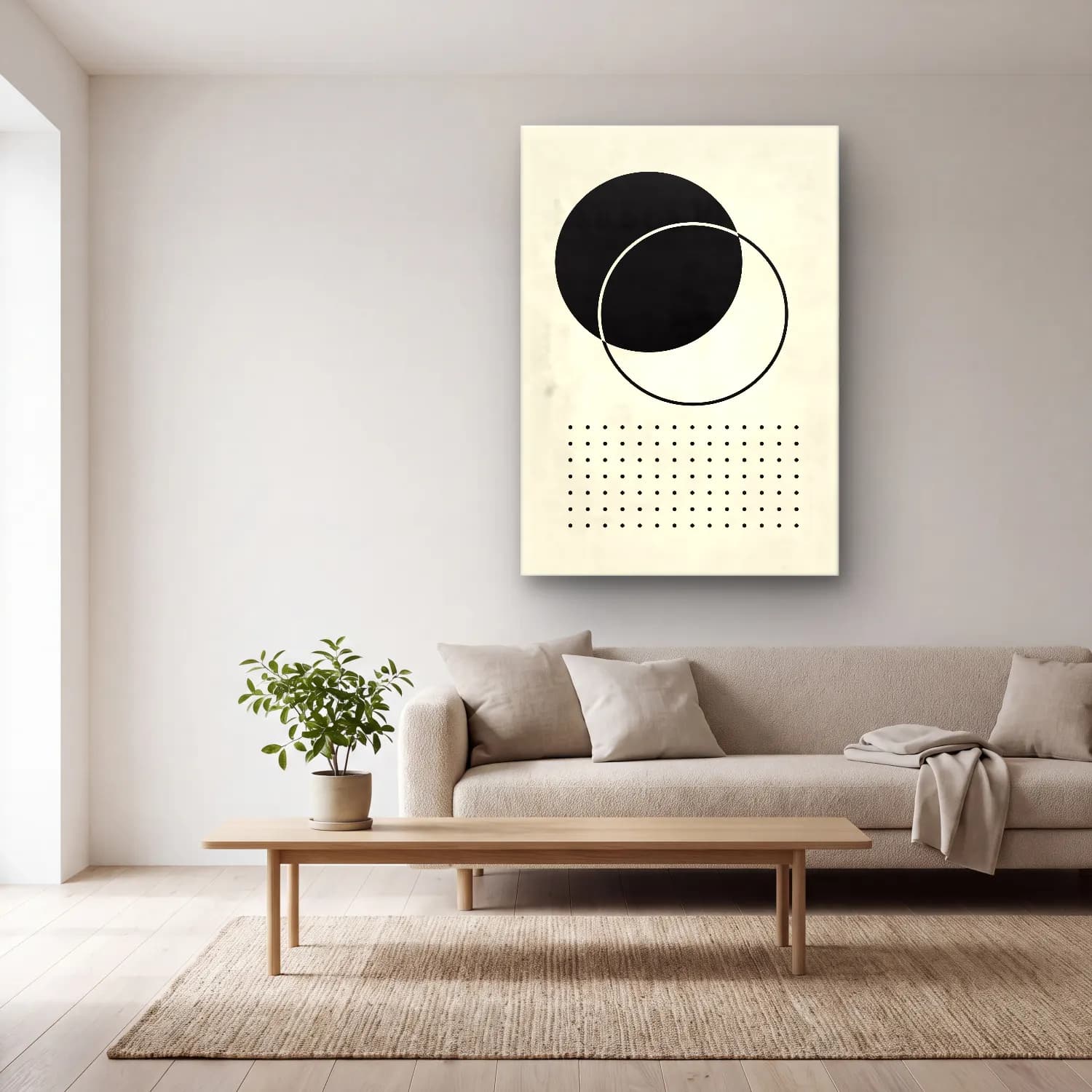 Bauhaus Geometrik Daireler – Siyah Beyaz Tonlar cam tablo — açık renk salonda