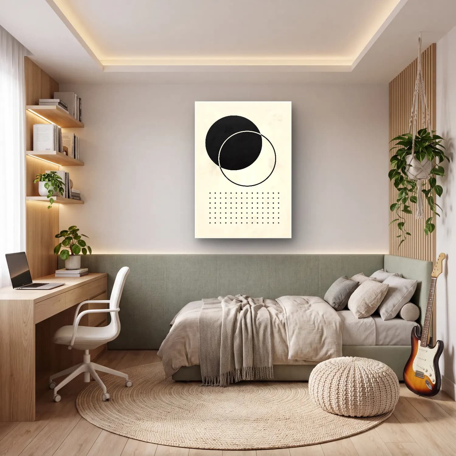 Bauhaus Geometrik Daireler – Siyah Beyaz Tonlar cam tablo — genç odasında