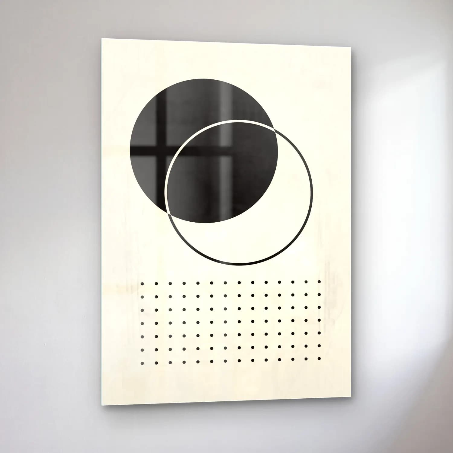 Bauhaus Geometrik Daireler – Siyah Beyaz Tonlar cam tablo — sol açıdan görünüm