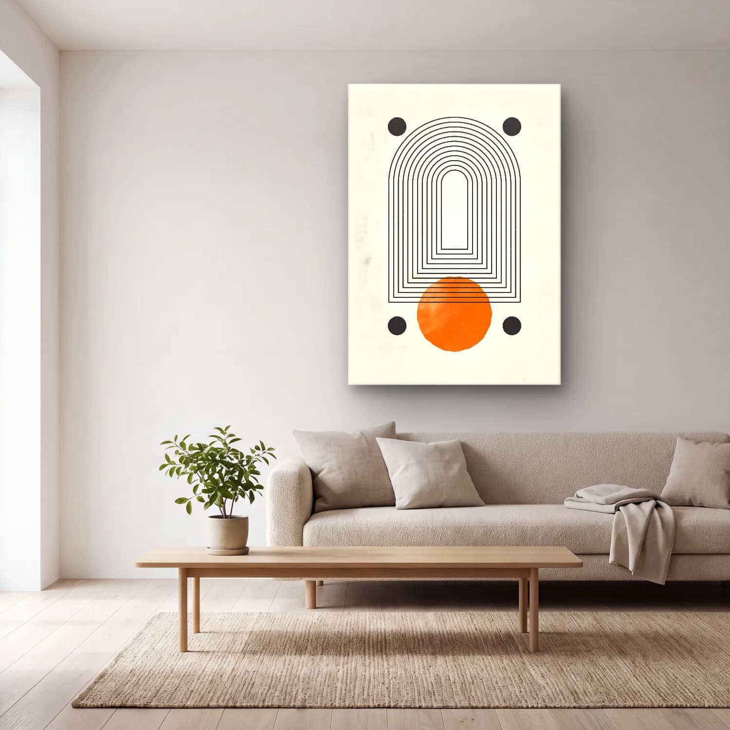 Bauhaus Soyut Kemer cam tablo — açık renk salonda