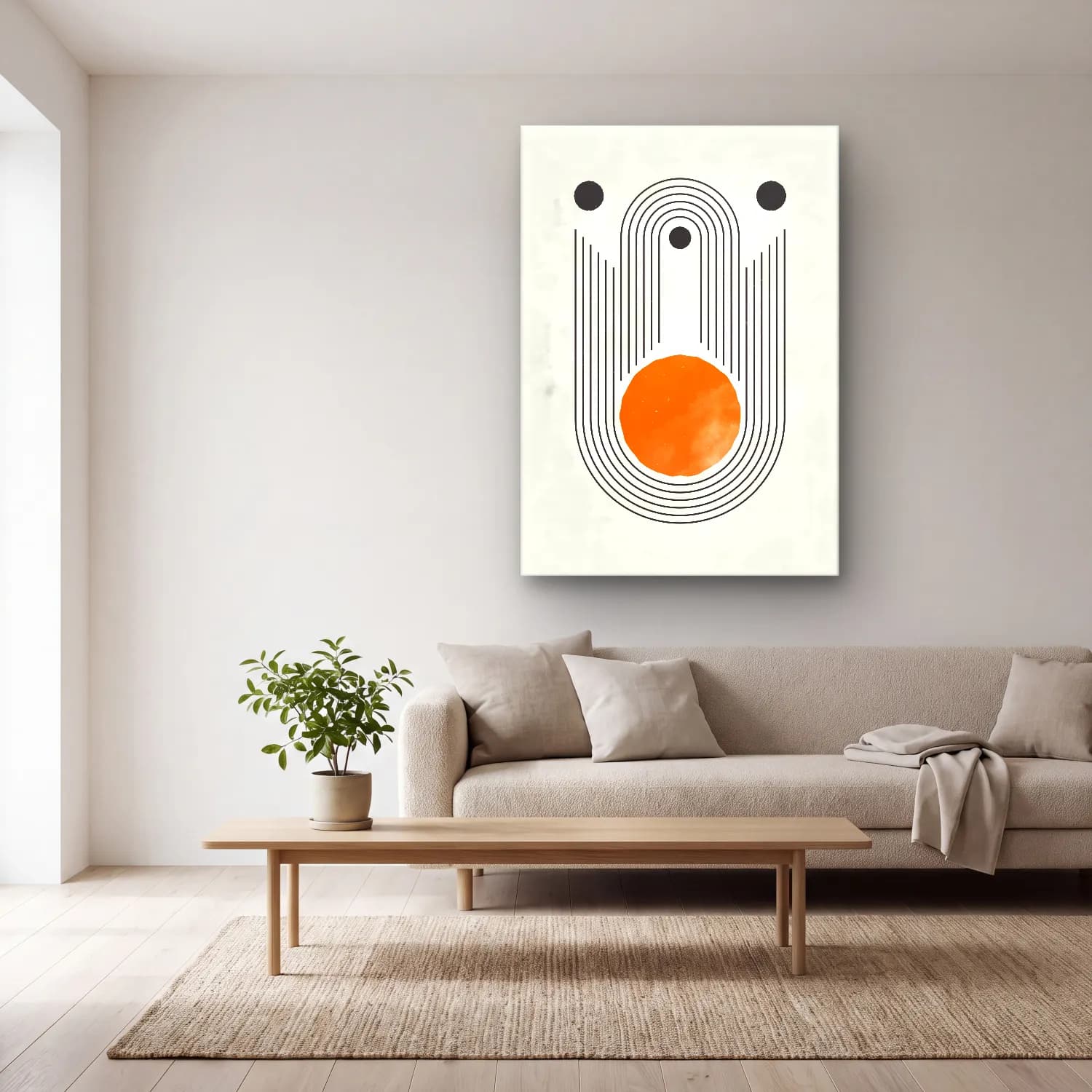 Bauhaus Geometrik Daireler – Turuncu Tonlar cam tablo — açık renk salonda