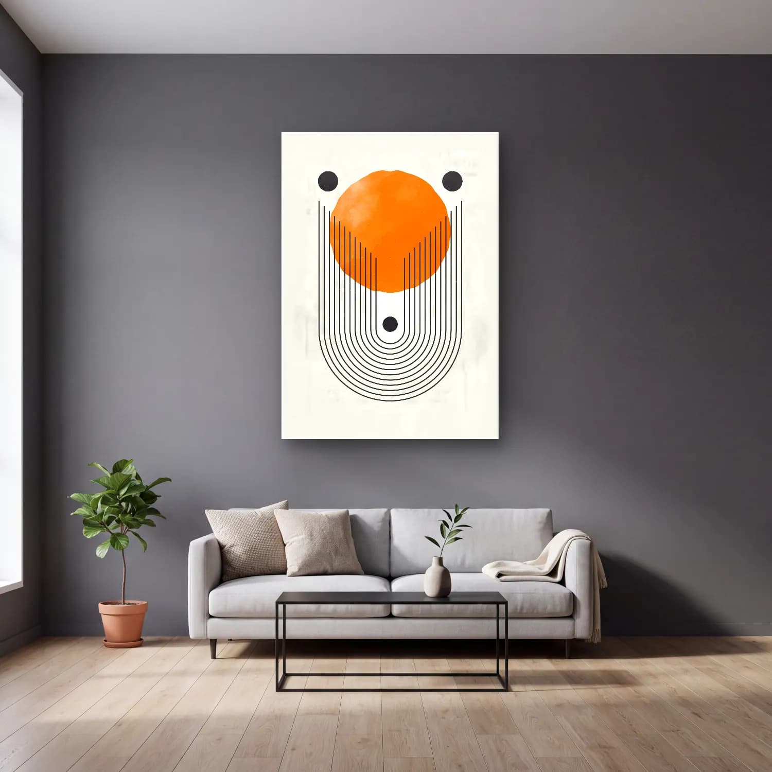 Bauhaus Geometrik Daireler No. 5 cam tablo — gri duvarlı salonda