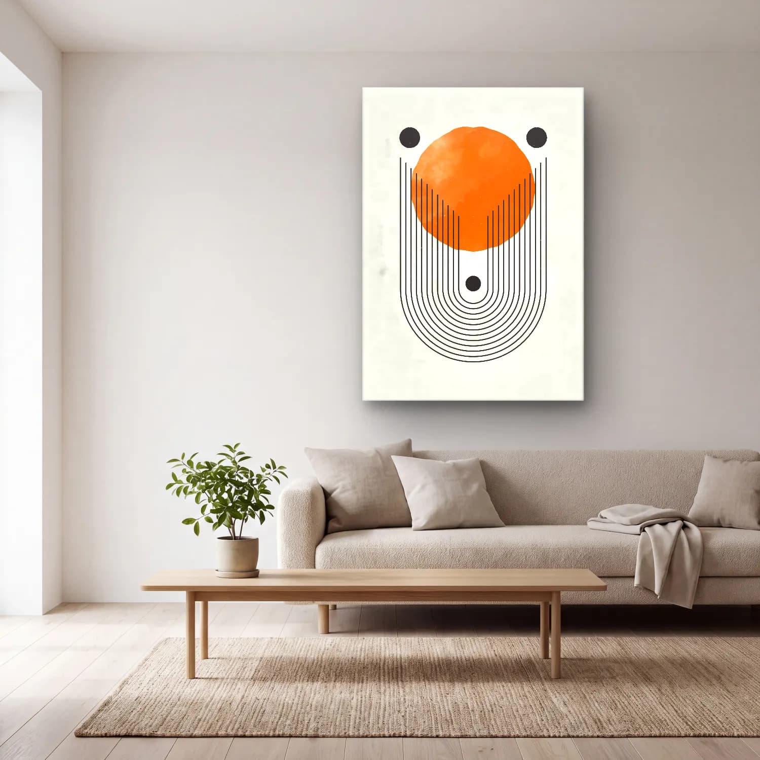 Bauhaus Geometrik Daireler No. 5 cam tablo — açık renk salonda