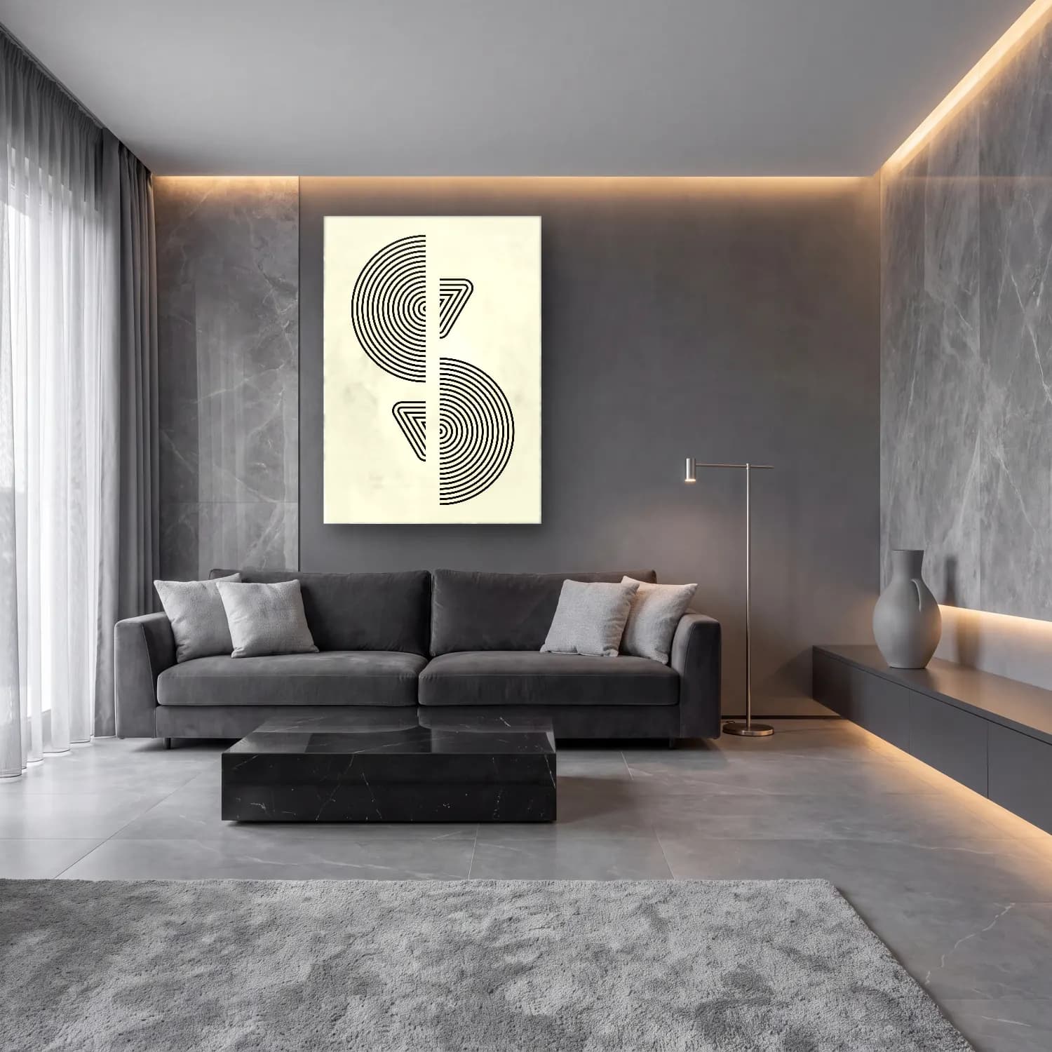 Çizgi Sanatı Geometrik Daireler – Siyah Beyaz Tonlar cam tablo — lüks salon duvarında