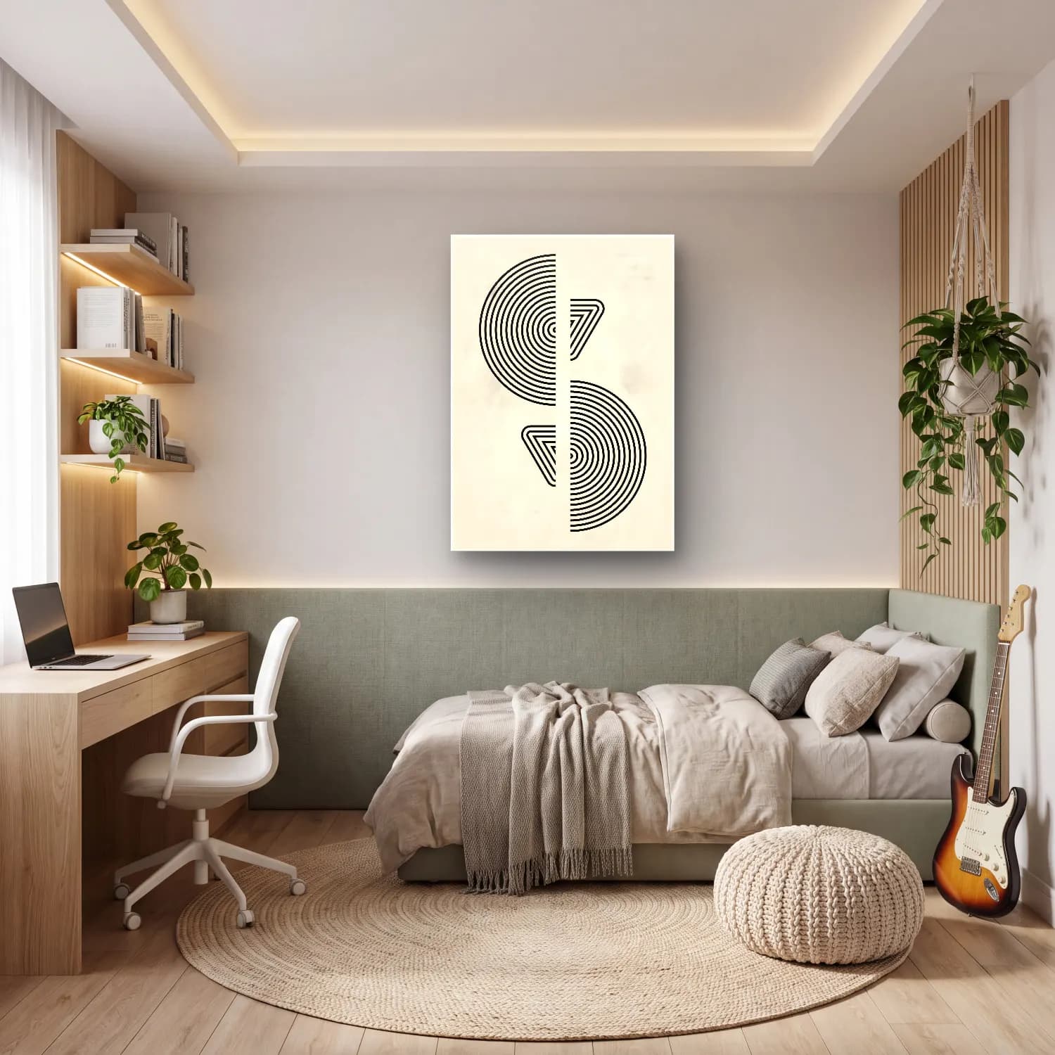 Çizgi Sanatı Geometrik Daireler – Siyah Beyaz Tonlar cam tablo — genç odasında