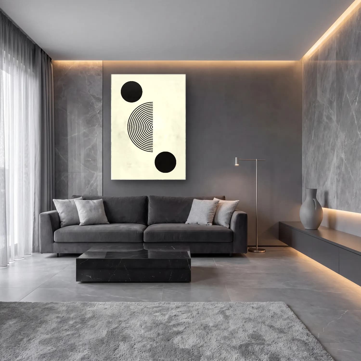 Bauhaus Geometrik Daireler No. 6 cam tablo — lüks salon duvarında