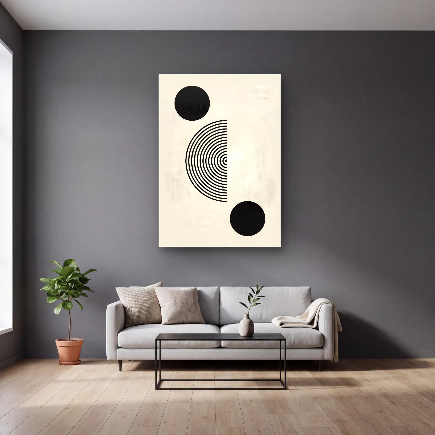 Bauhaus Geometrik Daireler No. 6 cam tablo — gri duvarlı salonda