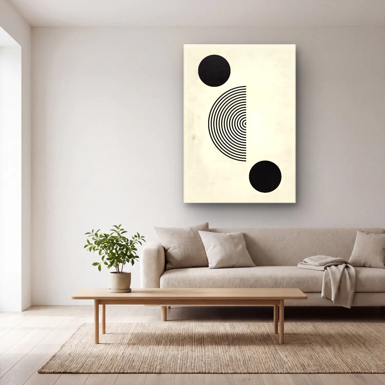 Bauhaus Geometrik Daireler No. 6 cam tablo — açık renk salonda