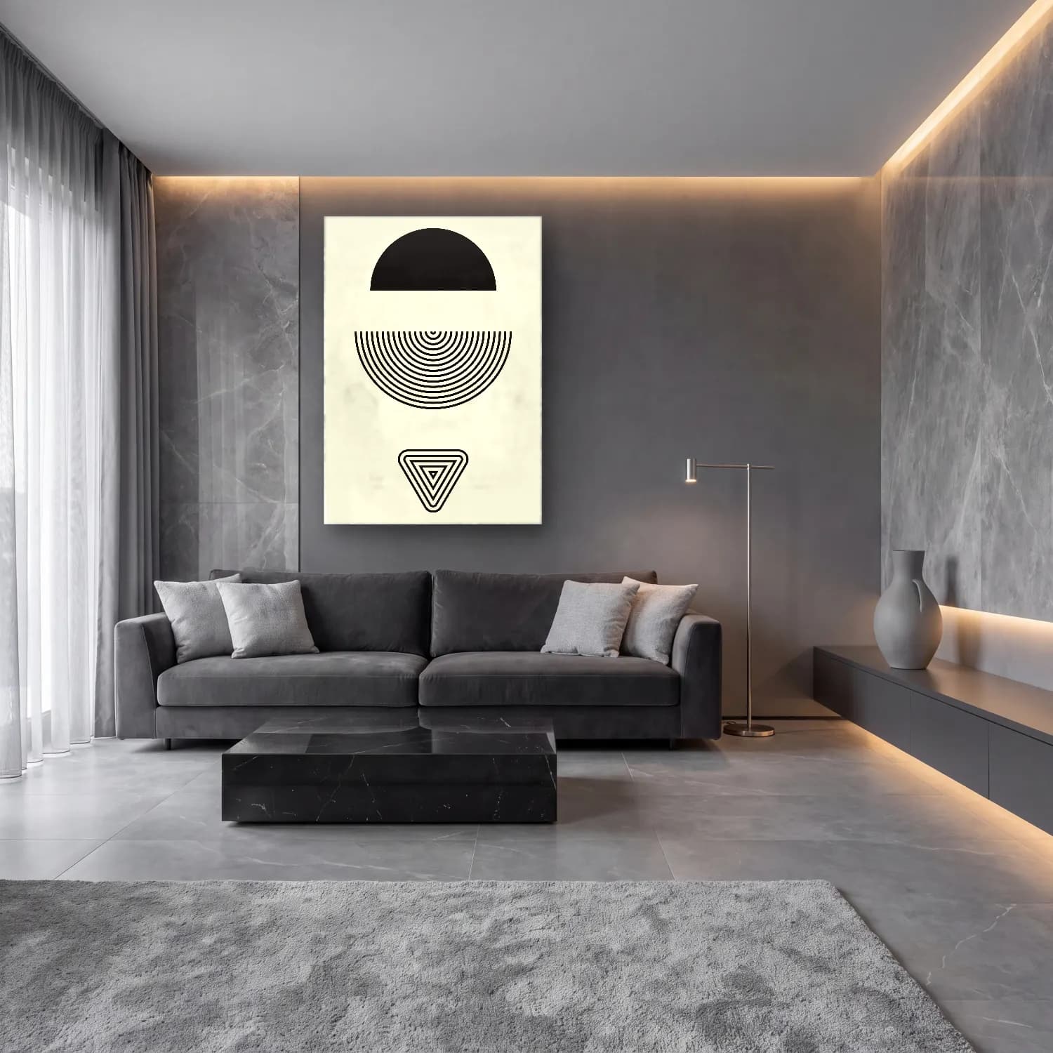Bauhaus Geometrik Daireler No. 7 cam tablo — lüks salon duvarında