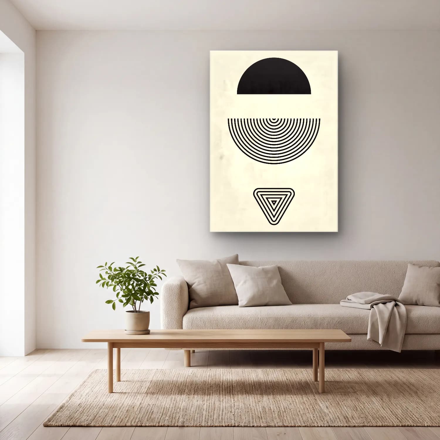 Bauhaus Geometrik Daireler No. 7 cam tablo — açık renk salonda