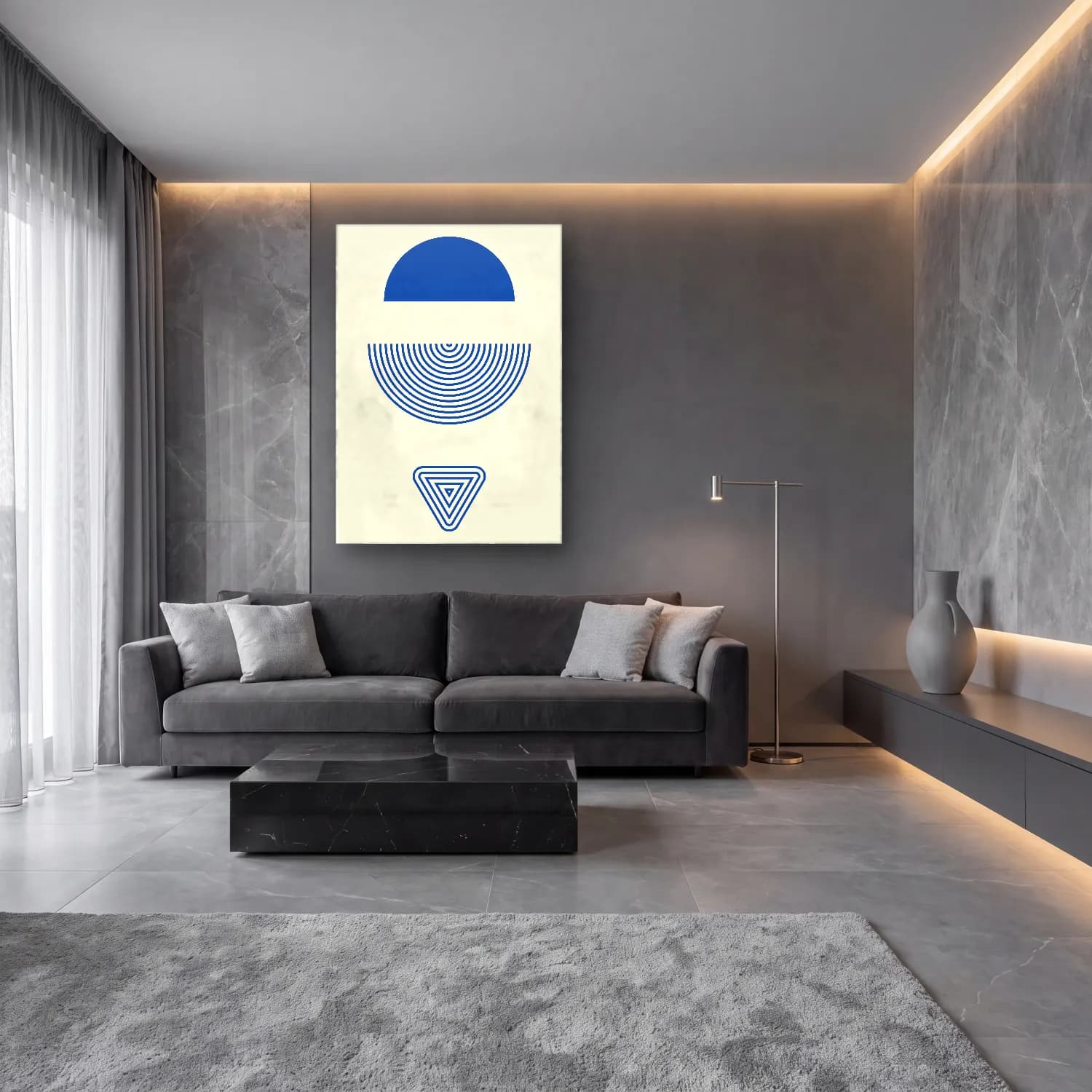 Bauhaus Geometrik Daireler – Mavi Tonlar cam tablo — lüks salon duvarında