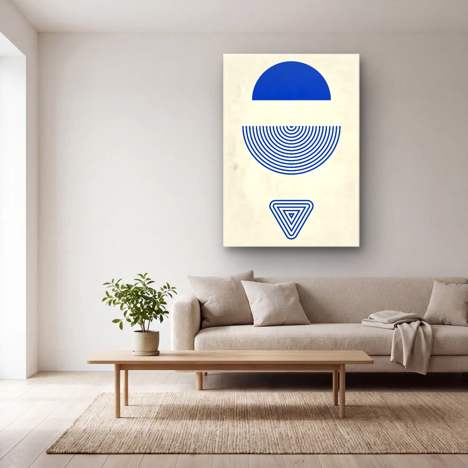 Bauhaus Geometrik Daireler – Mavi Tonlar cam tablo — açık renk salonda