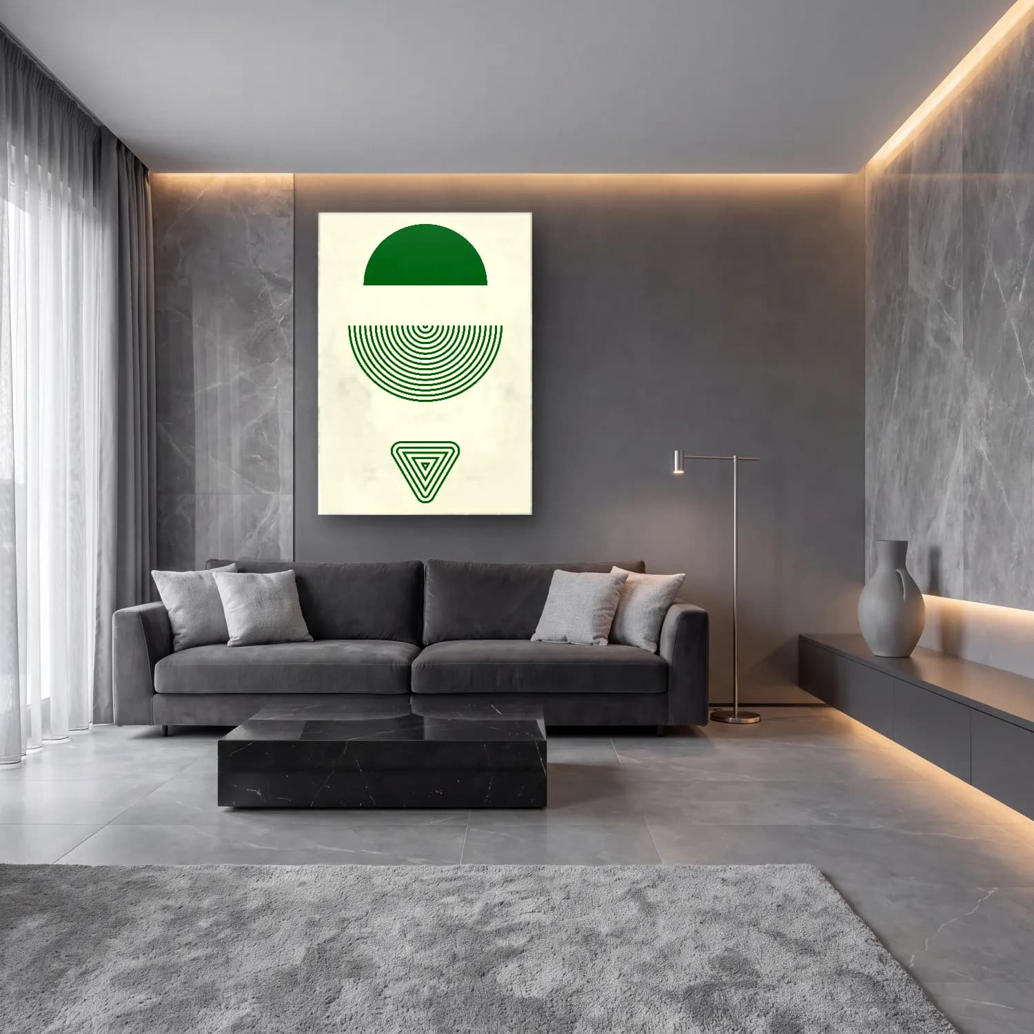 Bauhaus Geometrik Daireler – Yeşil Tonlar cam tablo — lüks salon duvarında