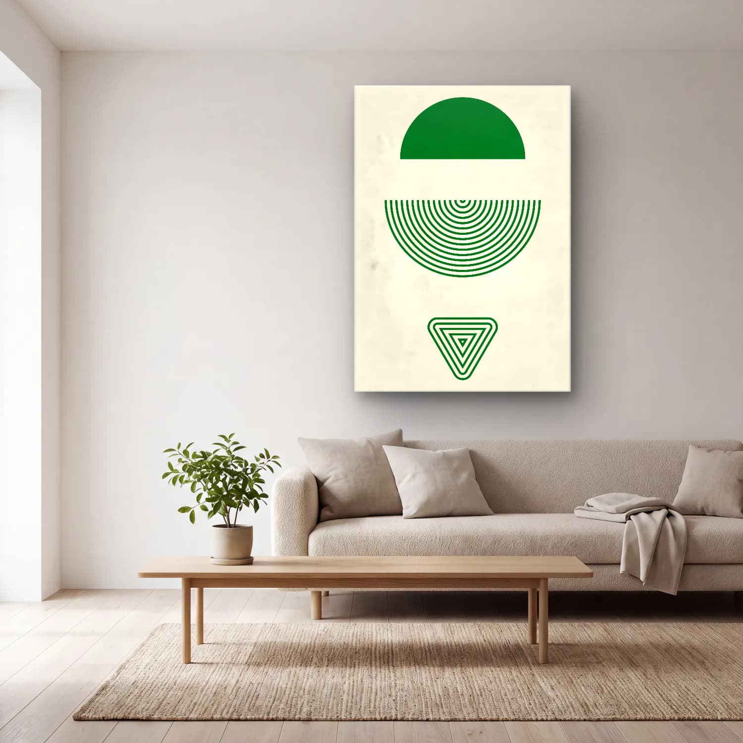Bauhaus Geometrik Daireler – Yeşil Tonlar cam tablo — açık renk salonda