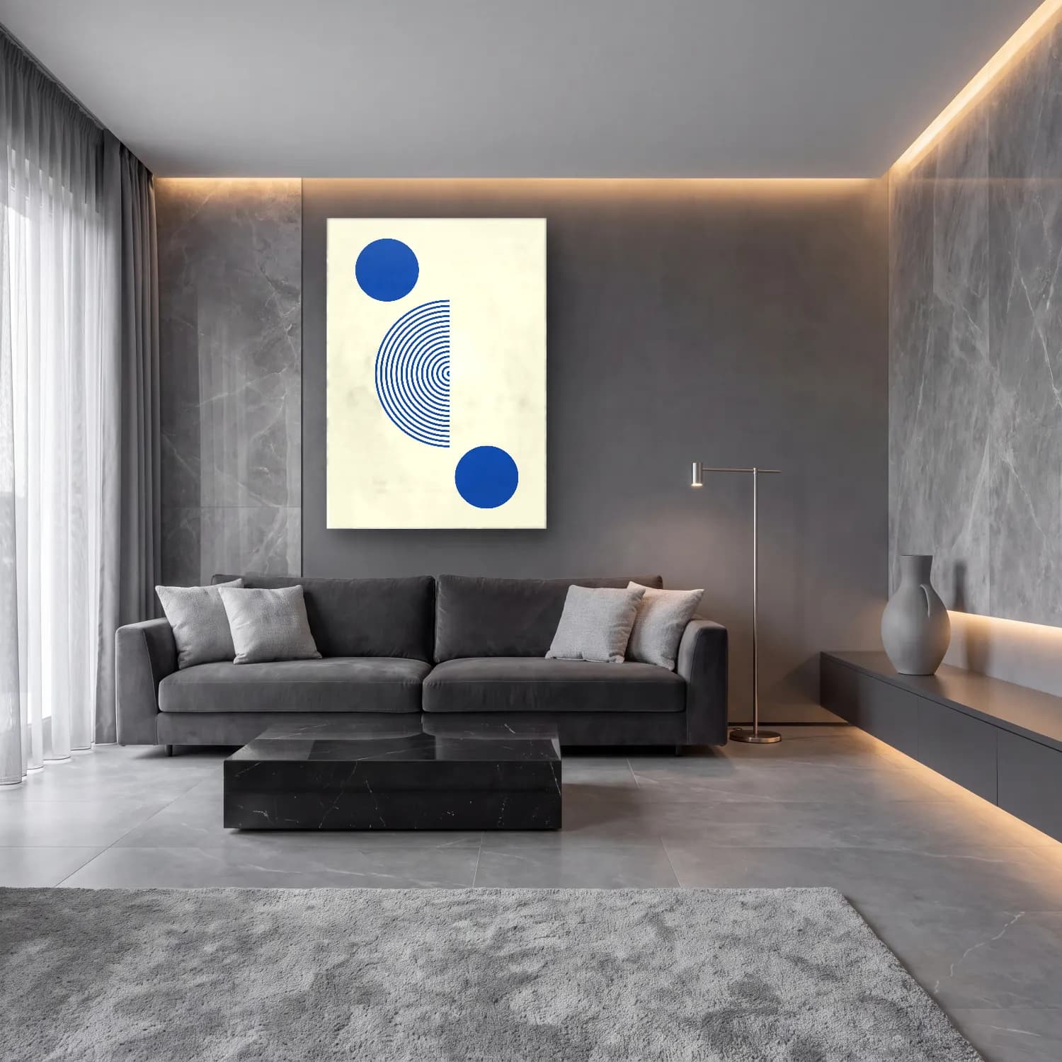 Bauhaus Geometrik Daireler No. 10 cam tablo — lüks salon duvarında