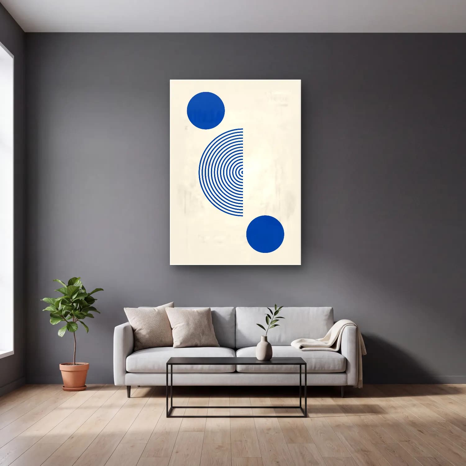 Bauhaus Geometrik Daireler No. 10 cam tablo — gri duvarlı salonda