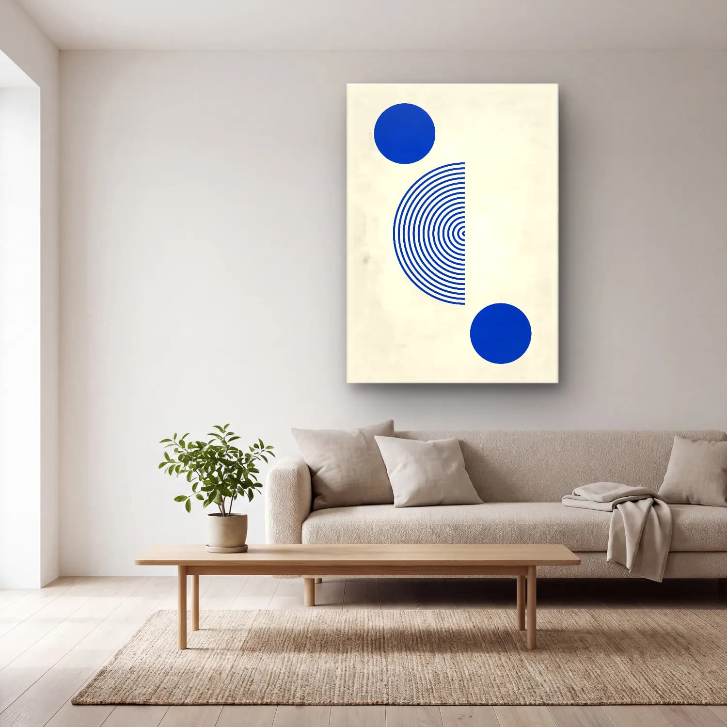 Bauhaus Geometrik Daireler No. 10 cam tablo — açık renk salonda